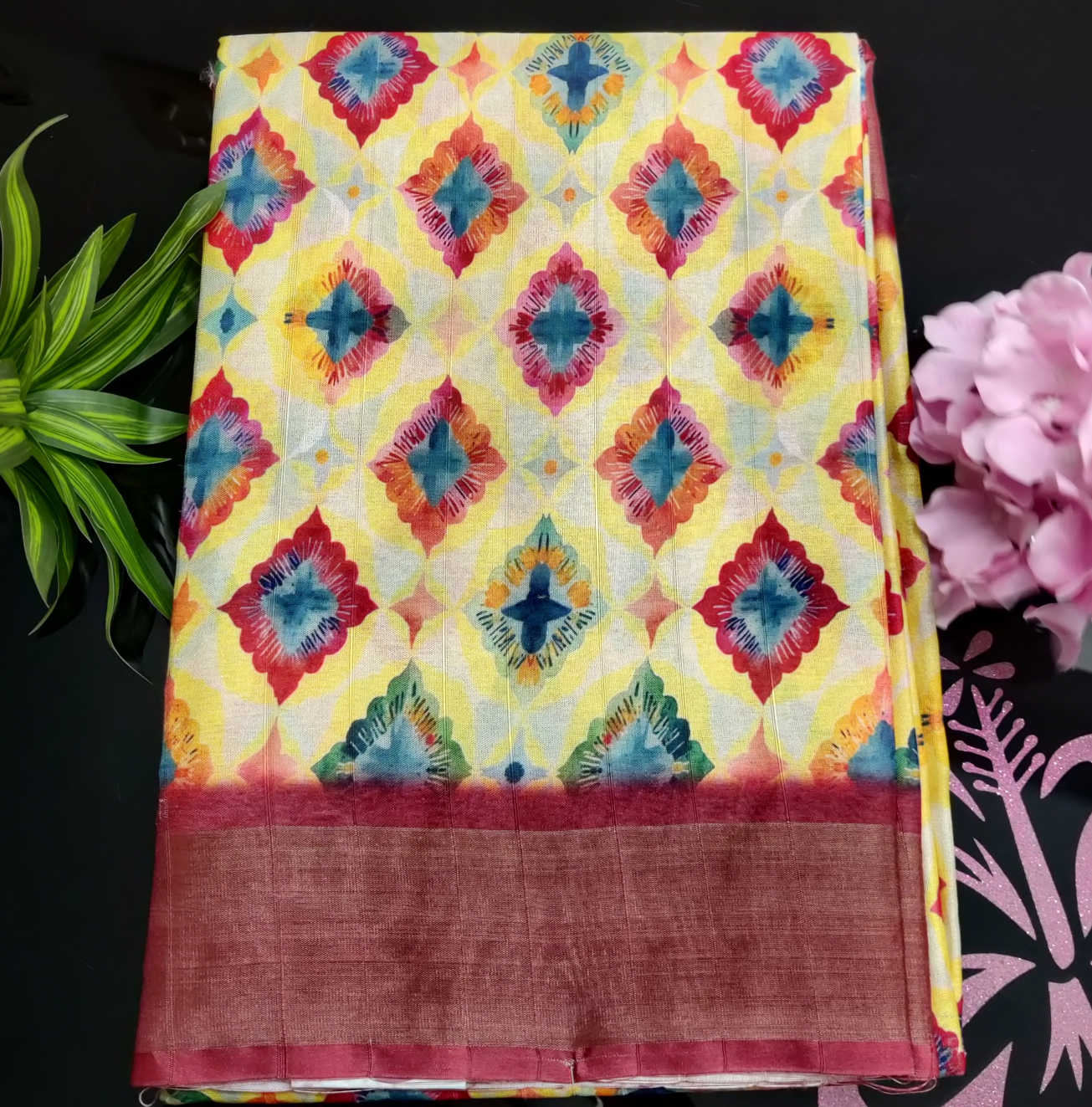 Kundali Dola / Tassar Silk Saree – Yellow Multicolor Diamond Print with Contrast Border