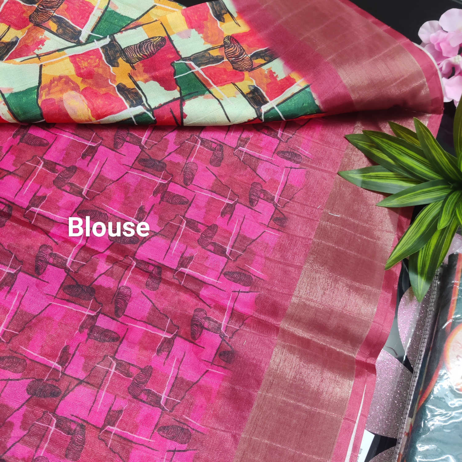Kundali Dola / Tassar Silk Saree – Multicolor Artistic Print with Contrast Border