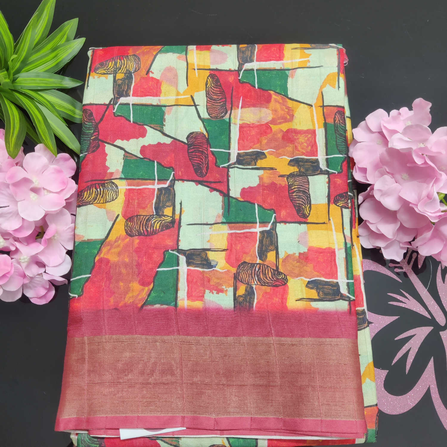 Kundali Dola / Tassar Silk Saree – Multicolor Artistic Print with Contrast Border