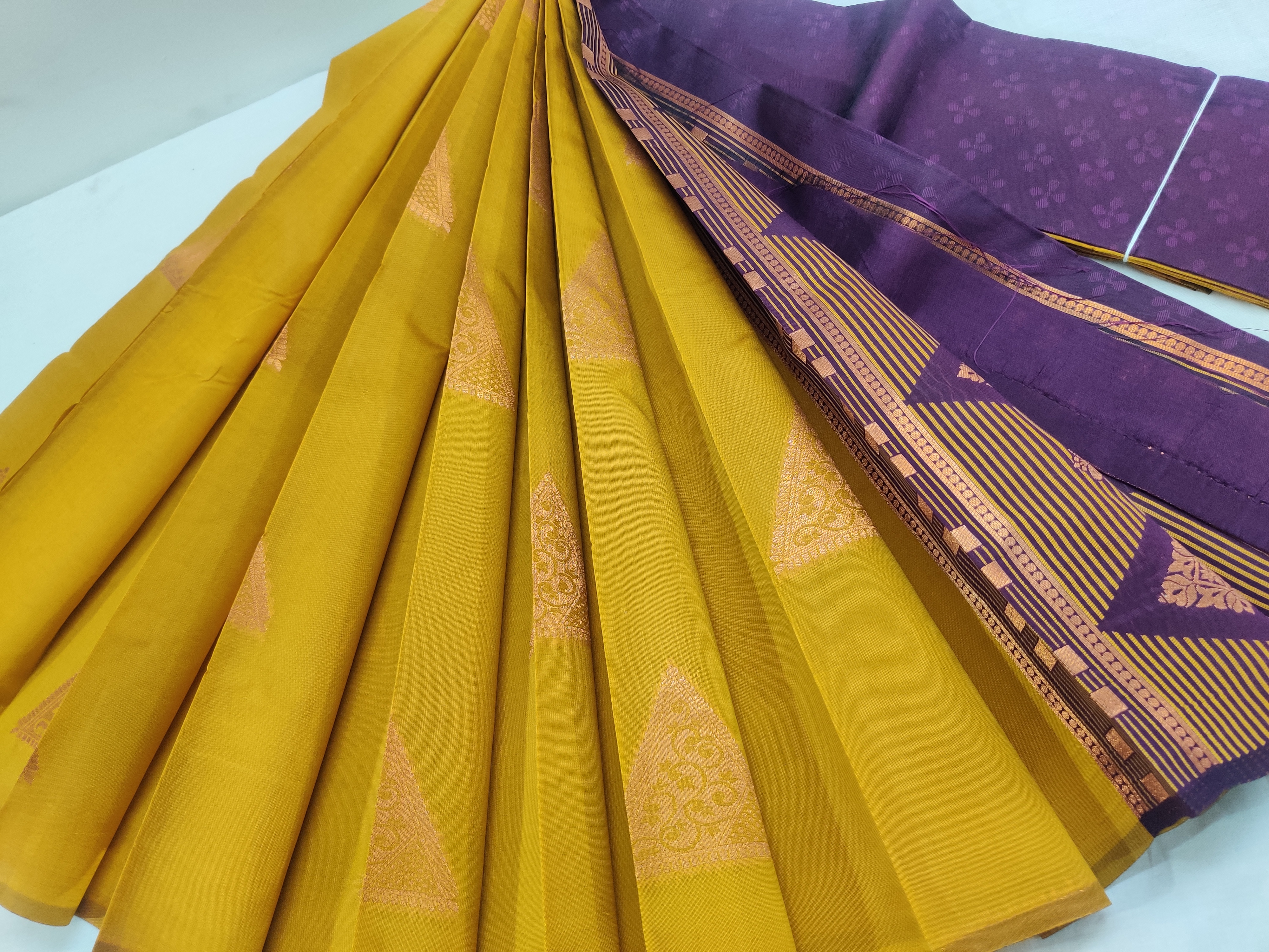 Mustard Yellow Semi Soft Silk Saree with Purple Contrast Pallu & Blouse