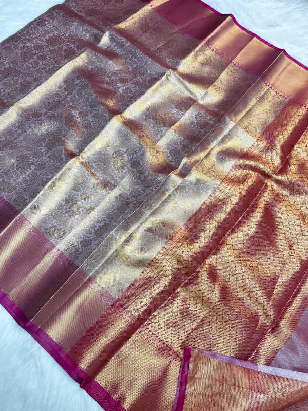 Banarasi Kataan Soft Tissue Silk Saree – Gold & Rose Pink Dual-Tone Weave with Intricate Floral Zari Jaal
