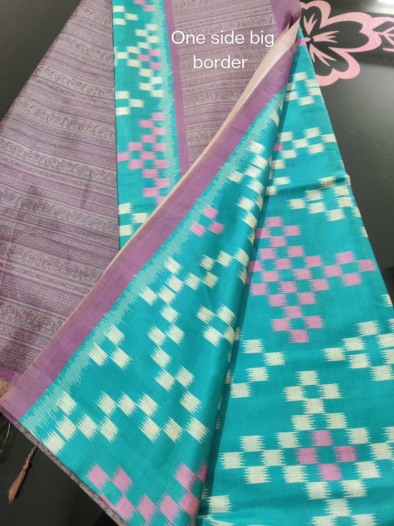 Teal Ikat Weave Semi Tassur Silk Saree with Contrast Purple Big Border & Matching Blouse