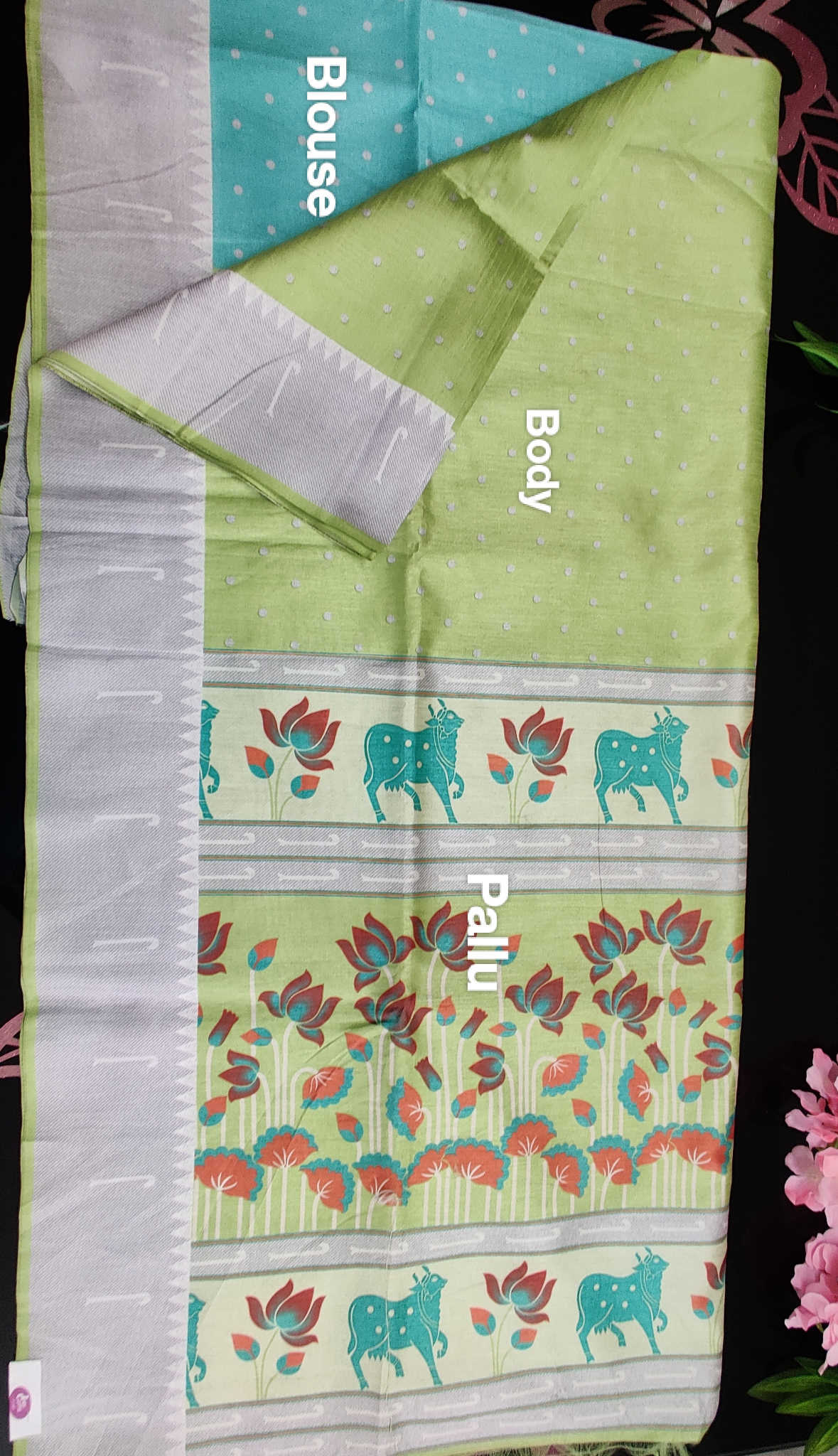Daily Wear Fancy Saree – Light Green & Aqua Body with Traditional Cow & Floral Printed Pallu