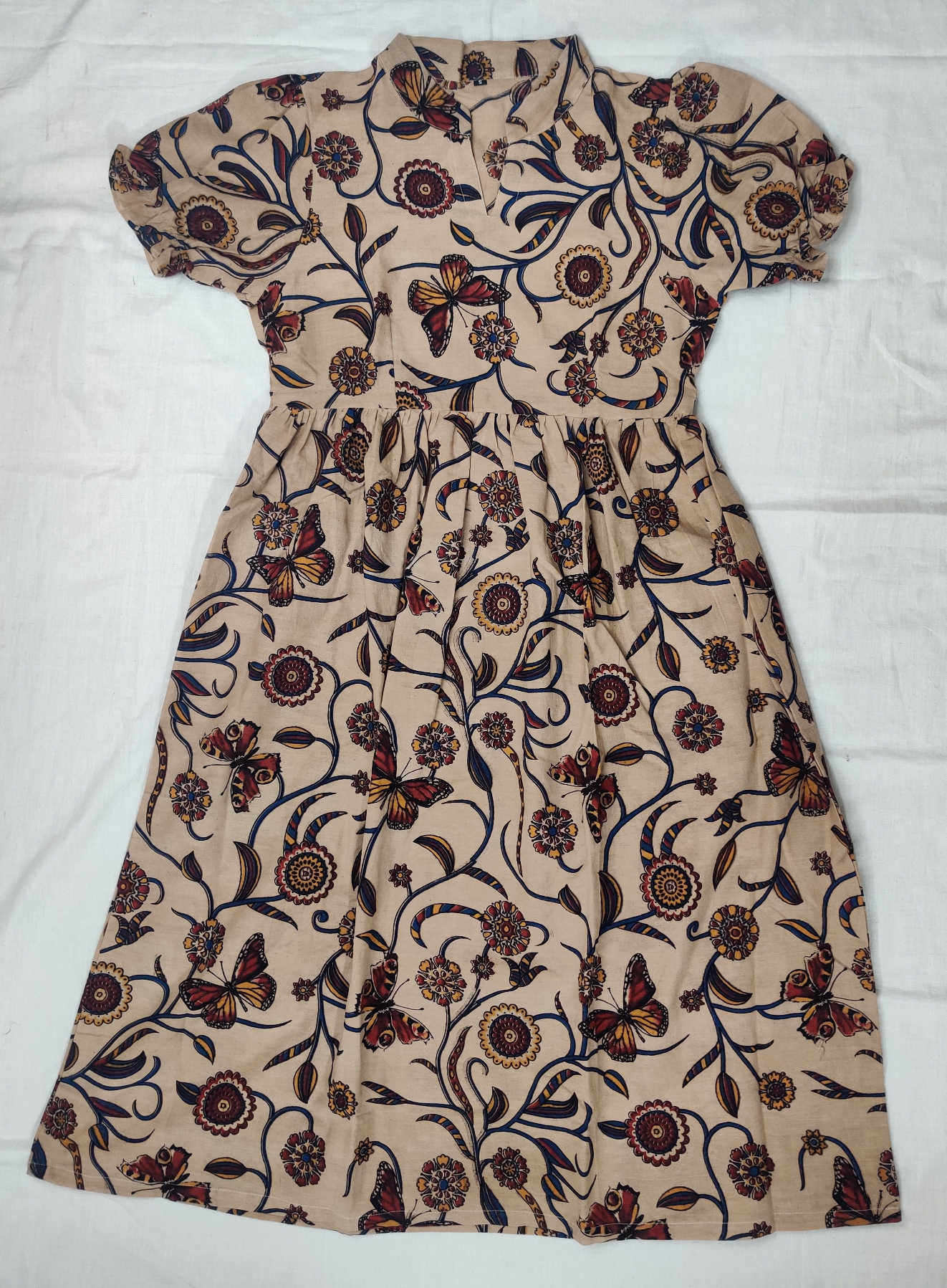 Kalamkari Cotton Maxi Dress – Beige Floral & Butterfly Printed Ankle-Length Dress