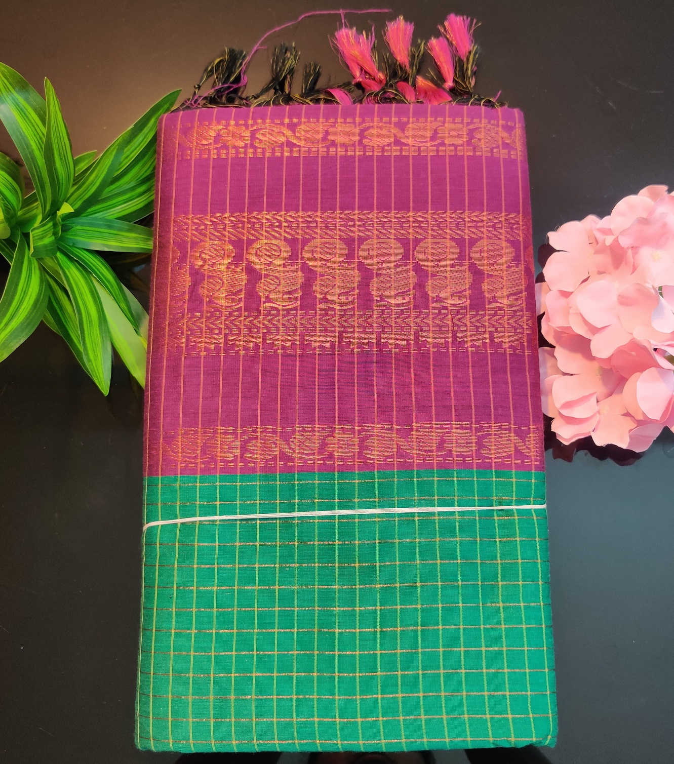 Gadwal Cotton Saree – Emerald Green Checks with Royal Purple Zari Border & Contrast Pallu