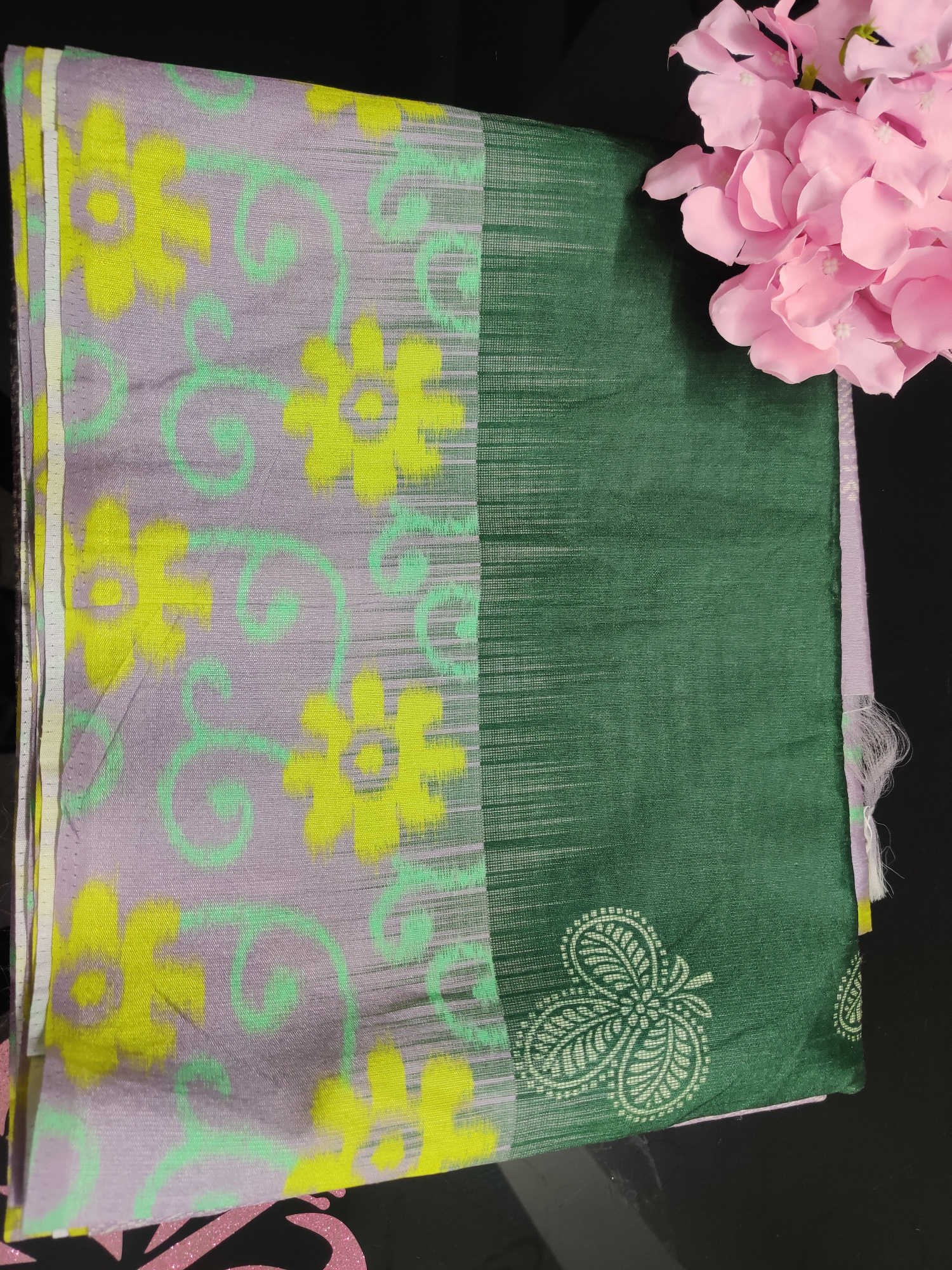 Daily Wear Fancy Saree – Teal Green Body with Brown Leaf Border & Subtle Bird Motifs