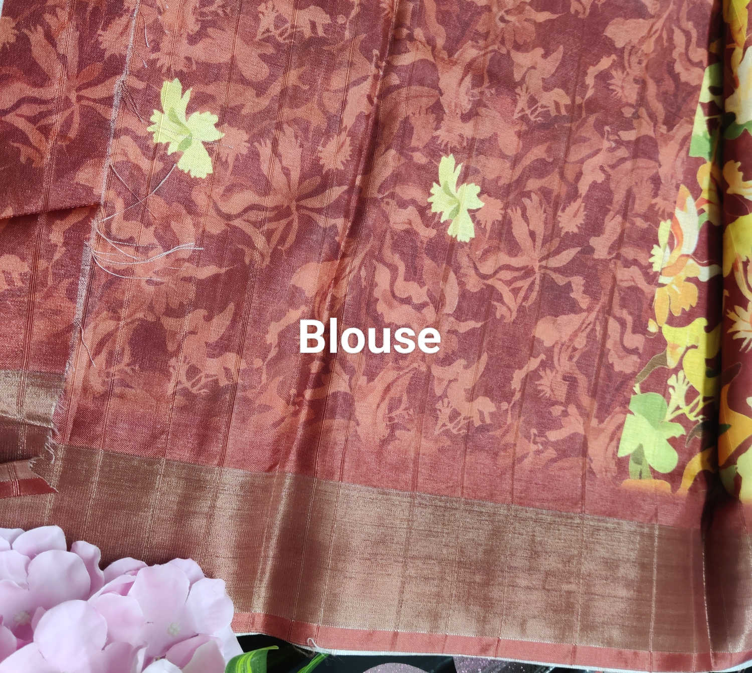 Kundali Dola Silk Saree – Warm Maroon with Tropical Leaf Print