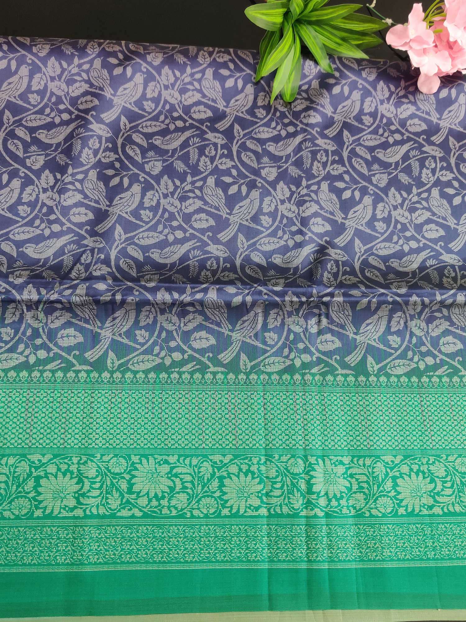 Purple Bird-Motif Semi Tassur Silk Saree with Rich Green Woven Border & Matching Blouse
