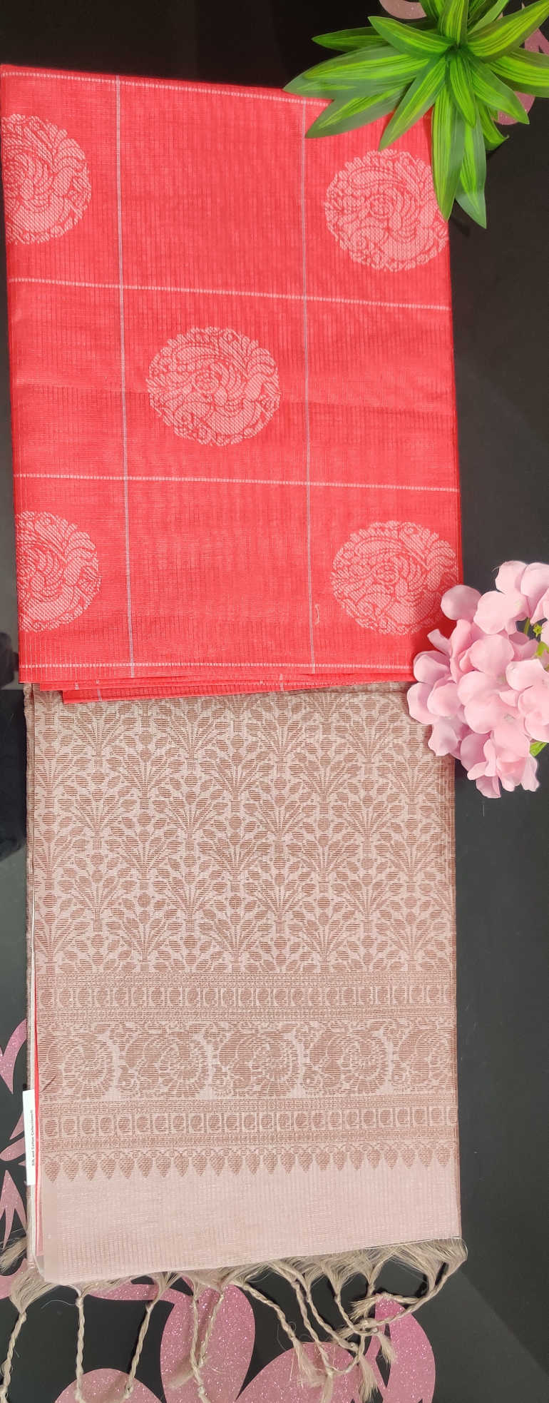 Bugara Semi Tussar Silk Saree β Coral Red Body with Silver Woven Butta & Elegant Beige Floral Pallu