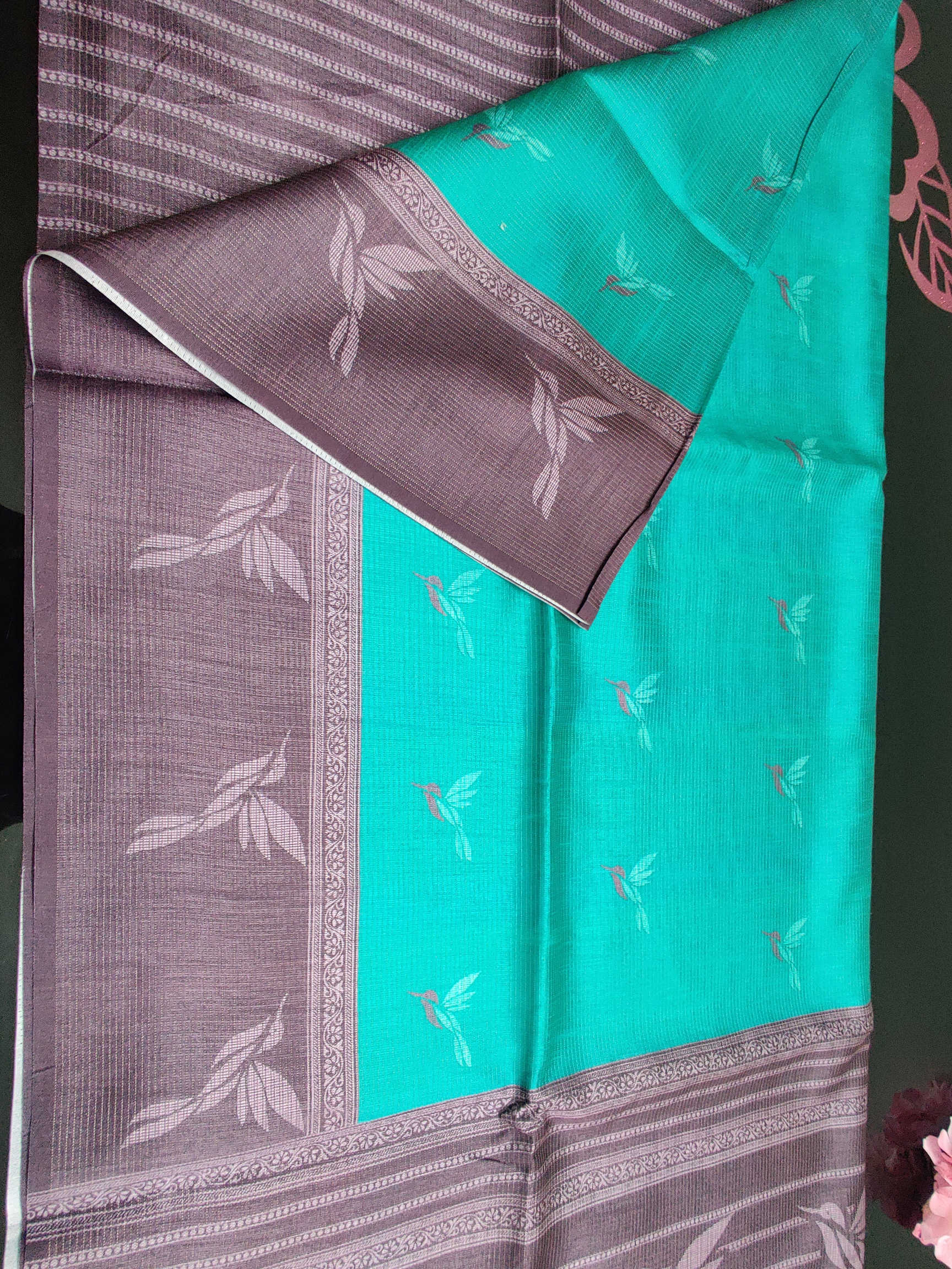 Bugara Premium Semi Tussar Silk Saree – Teal Green Body with Elegant Brown Leaf Border
