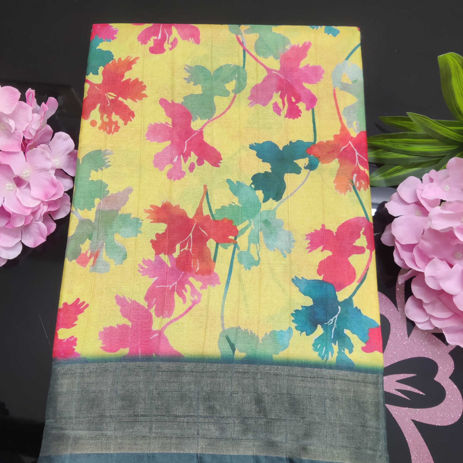 Kundali Dola / Tassur Silk Saree – Vibrant Floral Print with Elegant Contrast Border