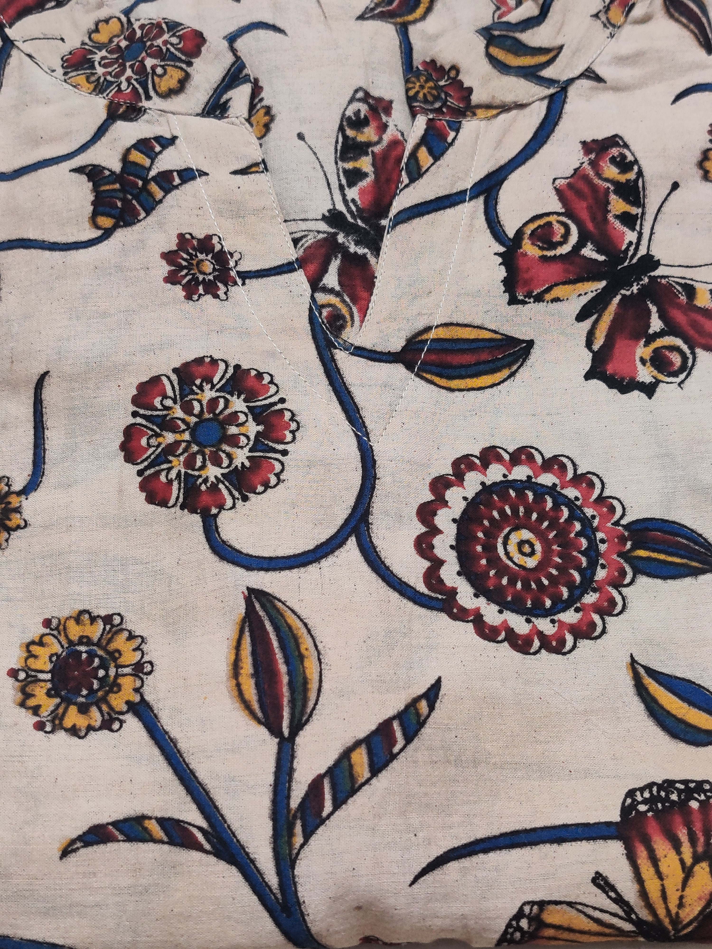 Kalamkari Cotton Maxi Dress – Beige Floral & Butterfly Printed Ankle-Length Dress