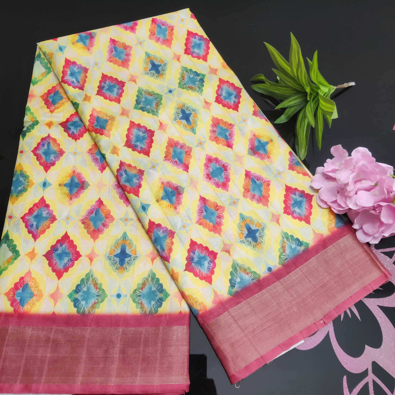 Kundali Dola / Tassar Silk Saree – Yellow Multicolor Diamond Print with Contrast Border