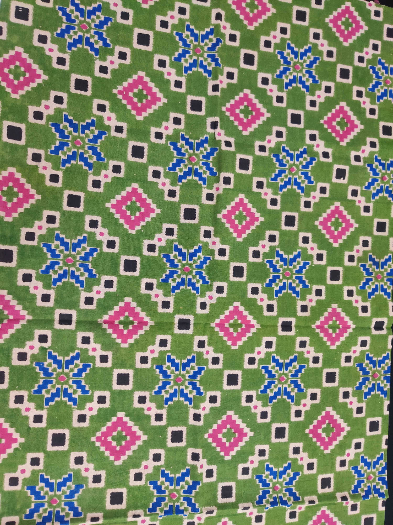 Kalamkari Blouse Fabric – Green Base with Pink & Blue Geometric Motifs