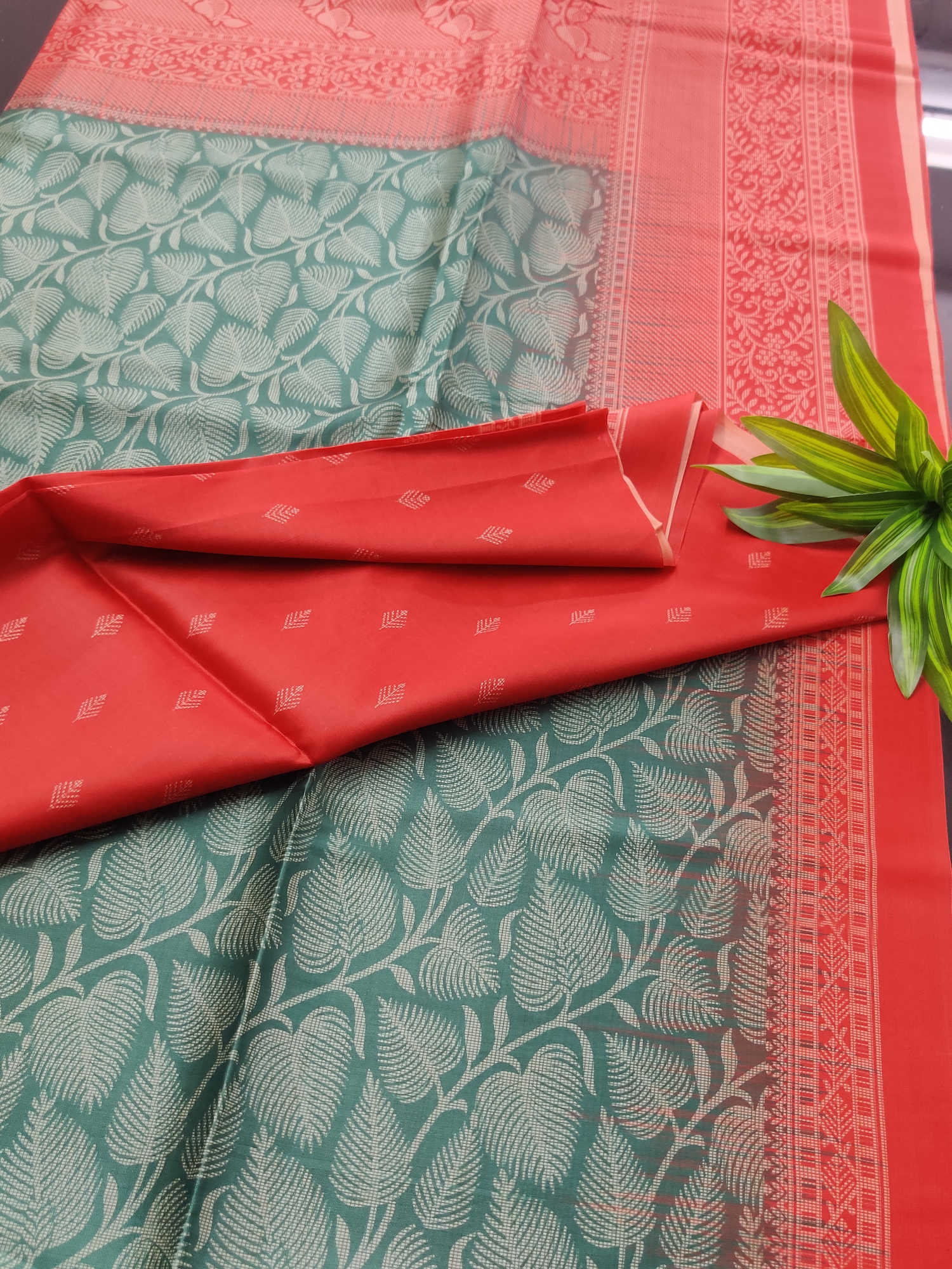 Green Leaf-Weave Semi Tassur Silk Saree with Contrast Coral Border & Matching Blouse