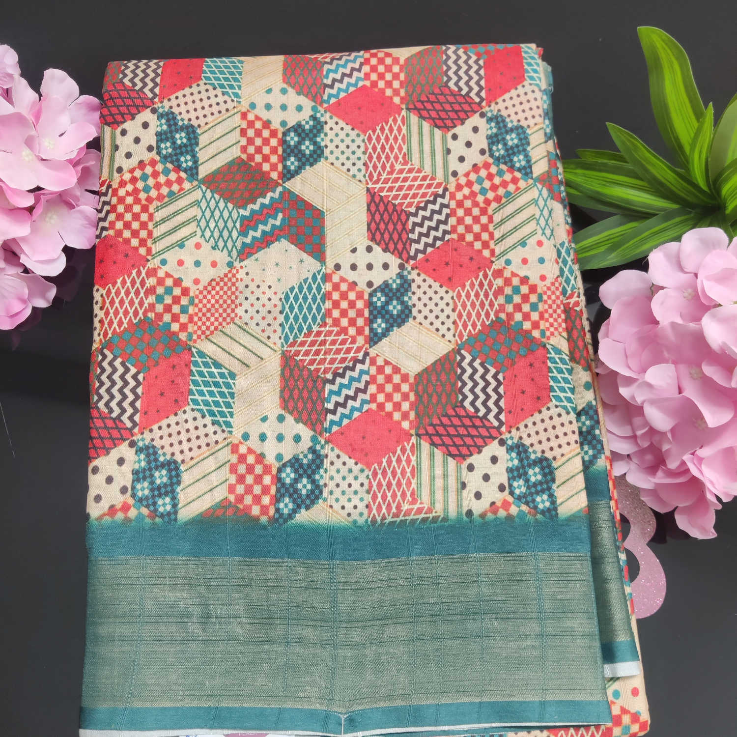 Multicolour Cube Print Kundali Saree with Contrast Teal Border & Matching Blouse
