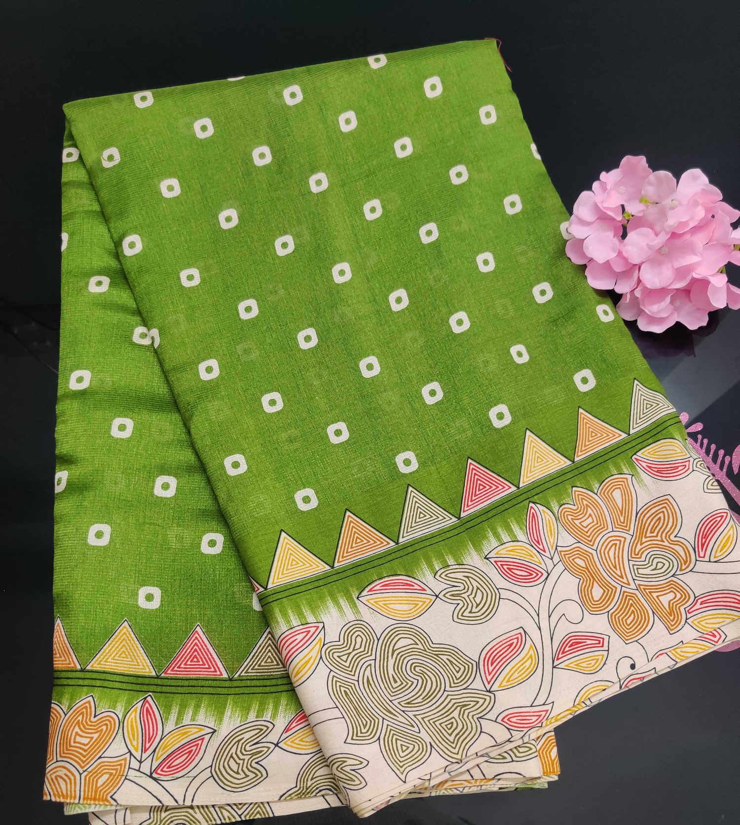 Daily Wear Fancy Saree – Green Polka Dot Body with Artistic Floral & Peacock Inspired Border