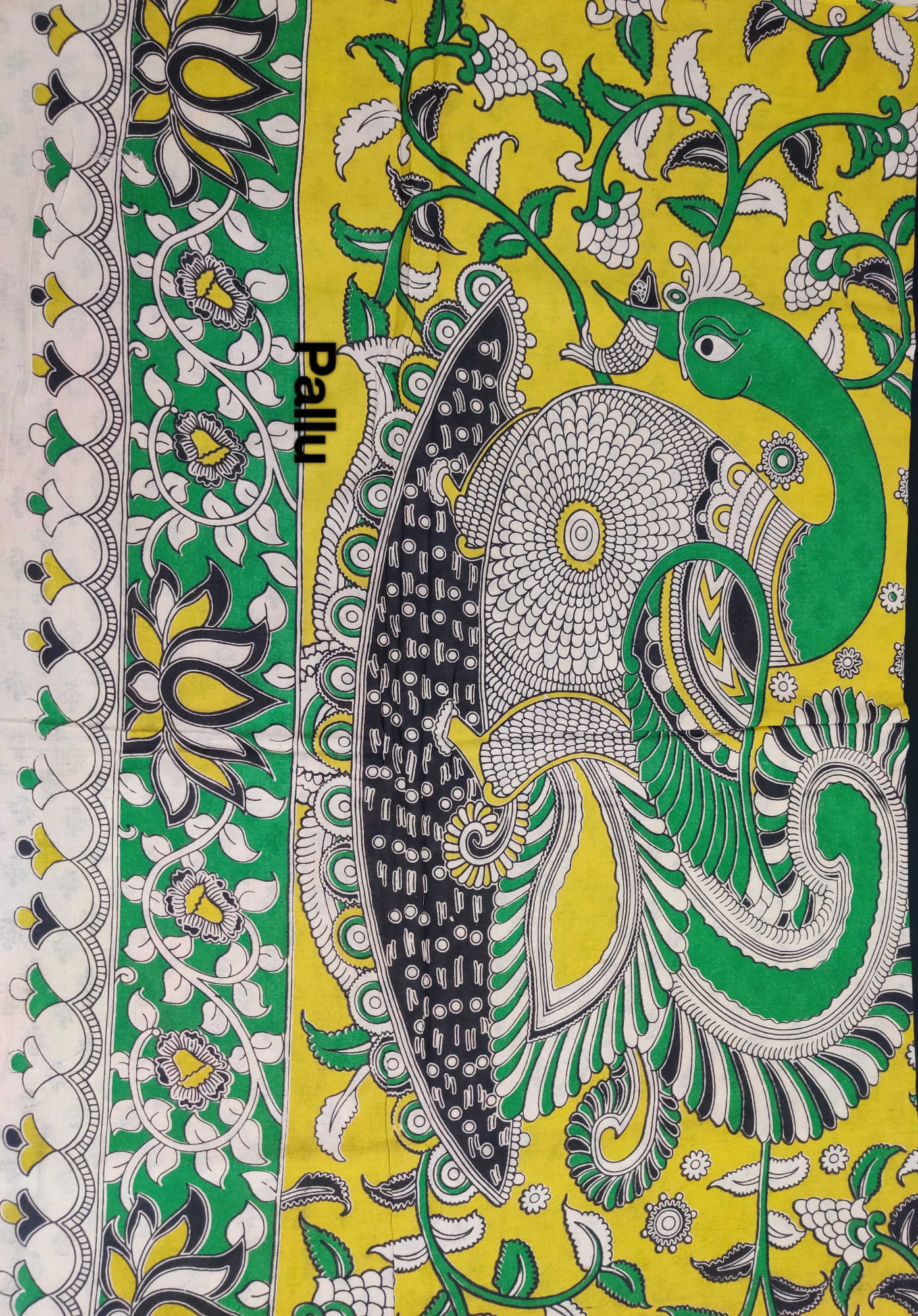 Kalamkari Cotton Saree – Yellow Floral Body with Green–Black Peacock Pallu & Contrast Block-Print Blouse
