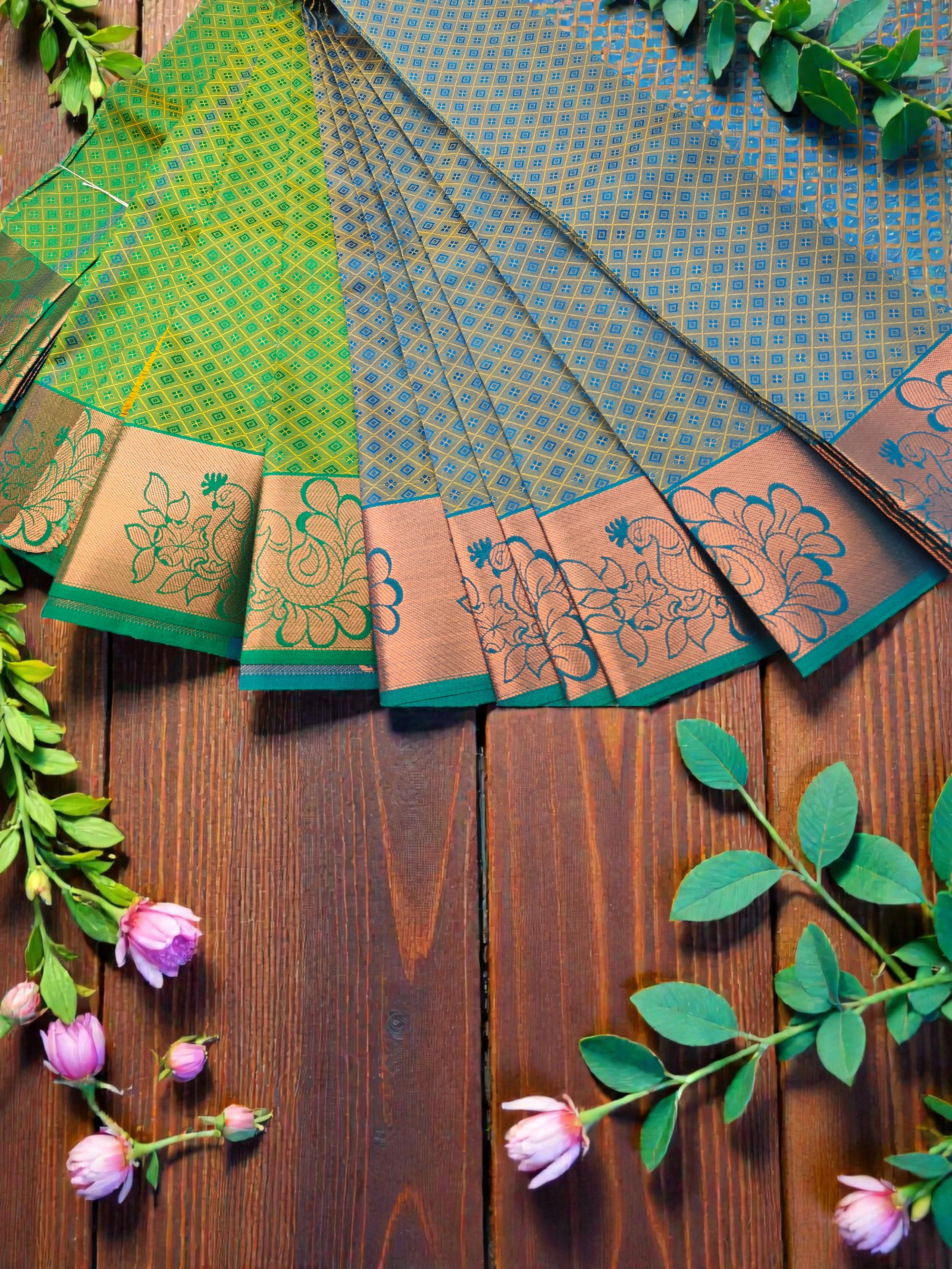 Green & Gold Semi Soft Silk Saree with Peacock Zari Border