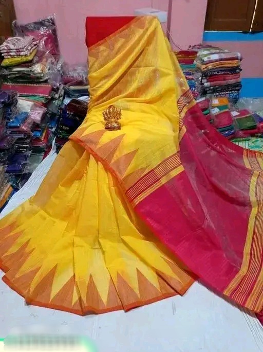 Yellow & Pink Temple Border Khadi Cotton Silk Handloom Saree with Dual-Side Temple Weave & Matching Blouse