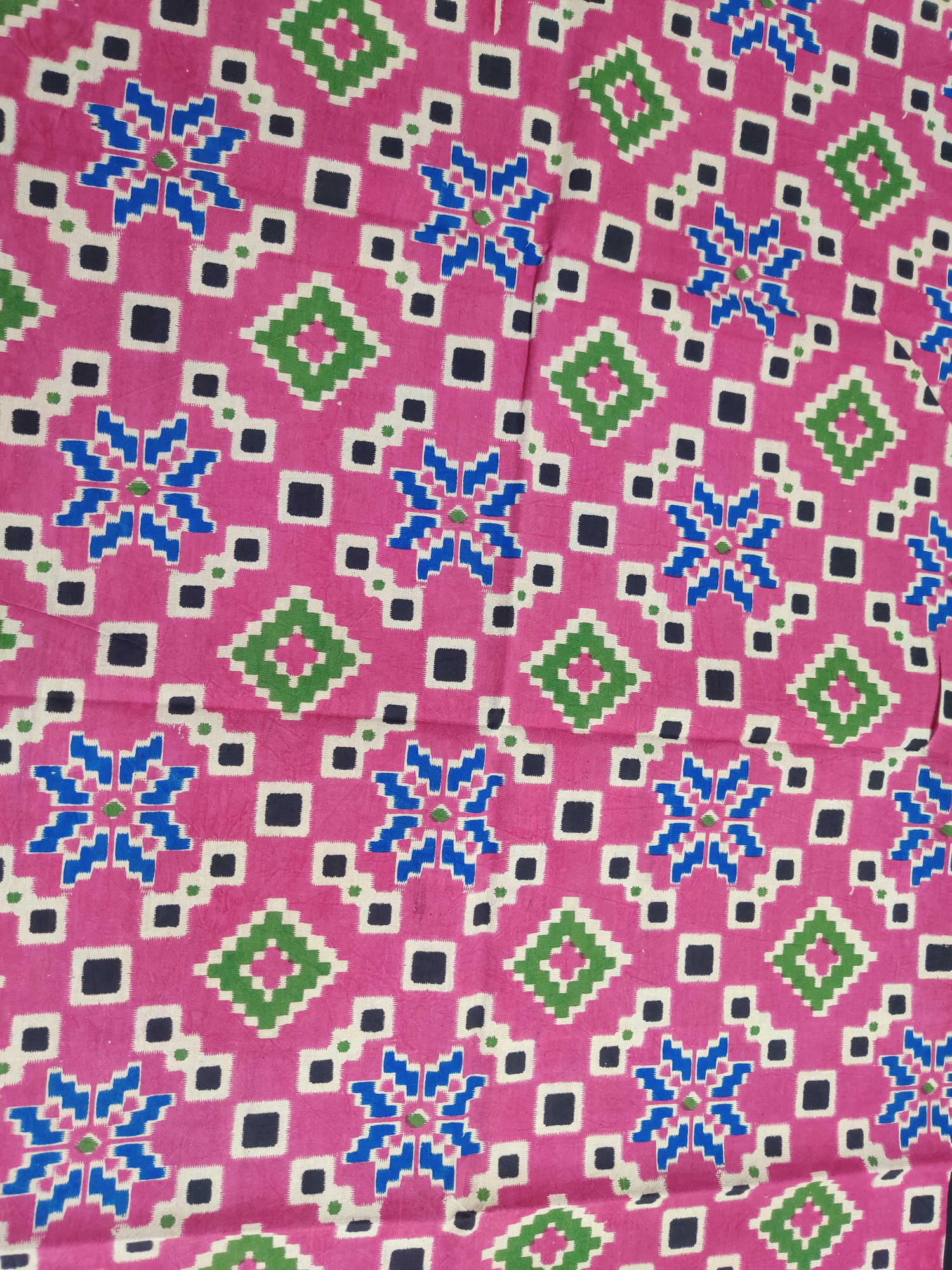Kalamkari Blouse Fabric – Pink Base with Blue, Green & Black Kalamkari Geometric Motifs