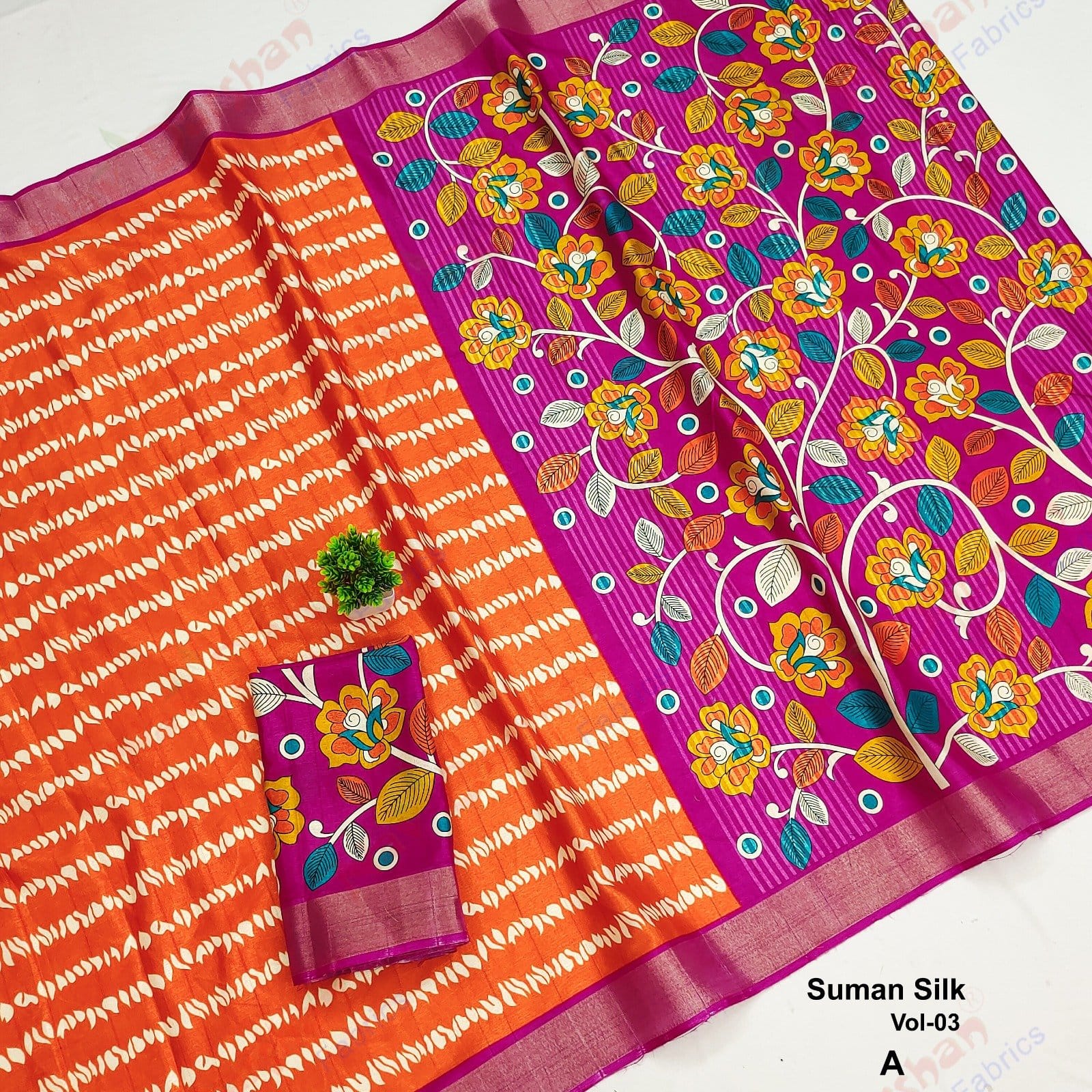 Premium Dola Silk Saree – Vibrant Floral Print Pallu & Contrast Ikat-Style Body