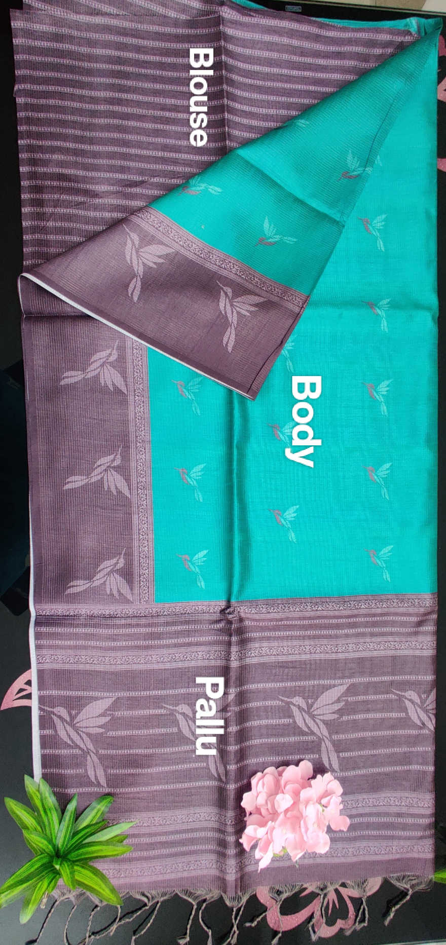 Bugara Premium Semi Tussar Silk Saree – Teal Green Body with Elegant Brown Leaf Border