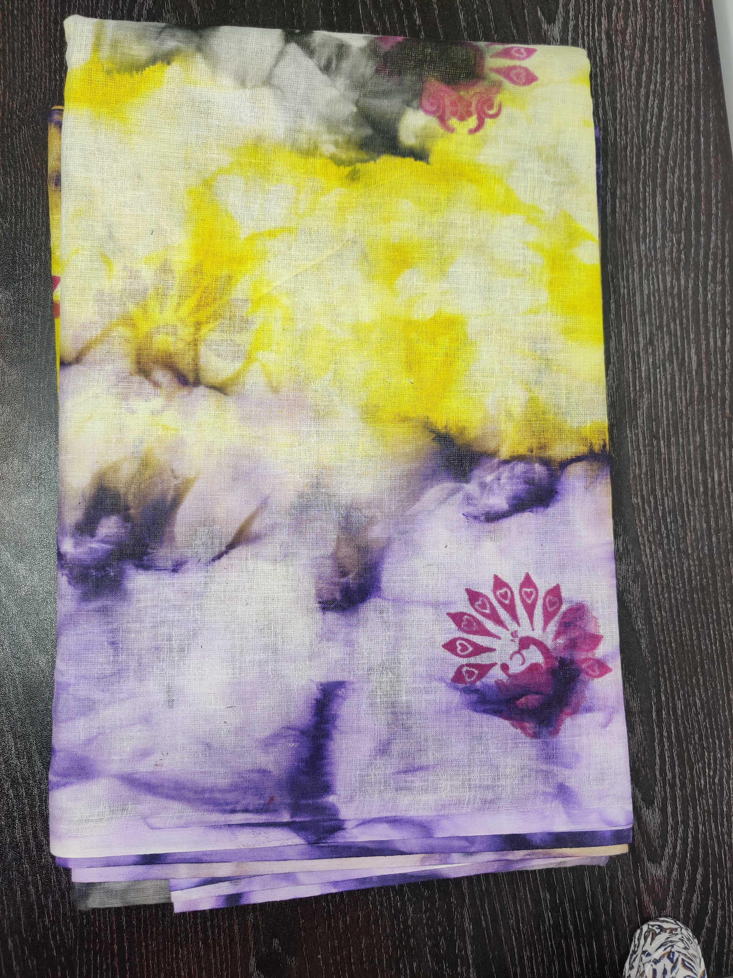 Handcrafted Pure Cotton Tie-Dye Saree – Yellow & Lavender Splash with Peacock Motif