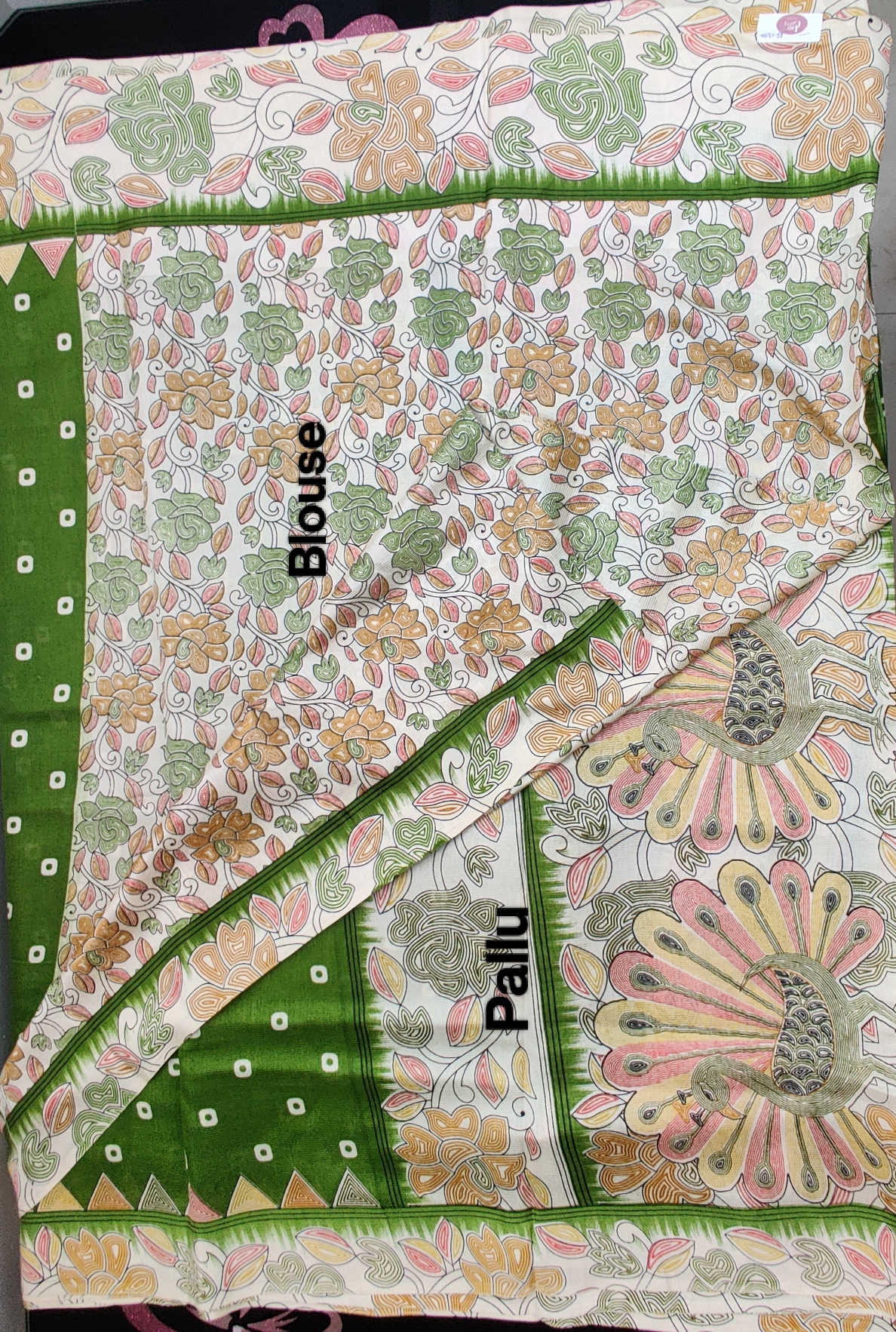 Daily Wear Fancy Saree – Green Polka Dot Body with Artistic Floral & Peacock Inspired Border