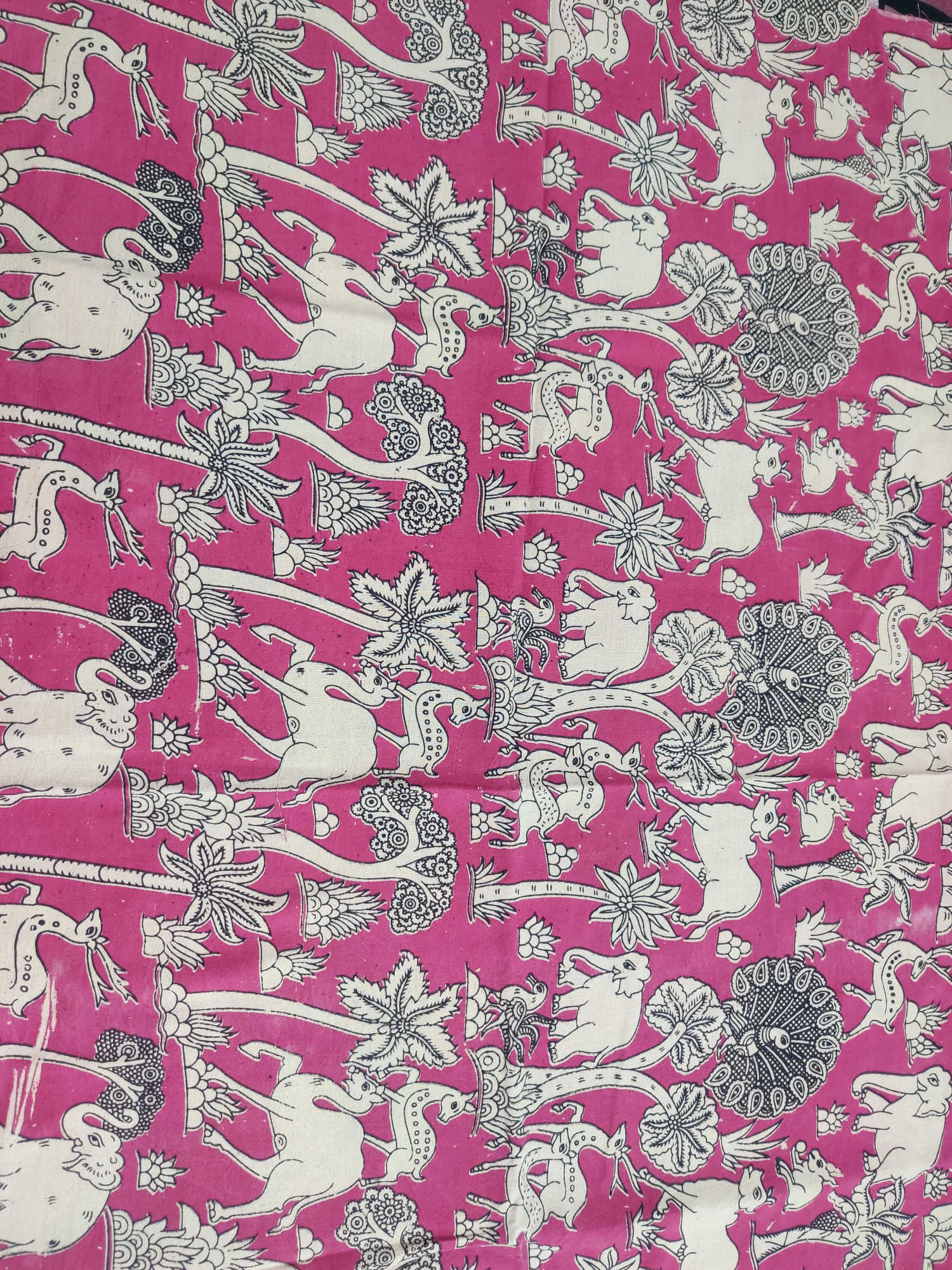 Kalamkari Blouse Fabric – Pink Base with Traditional Animal & Nature Print