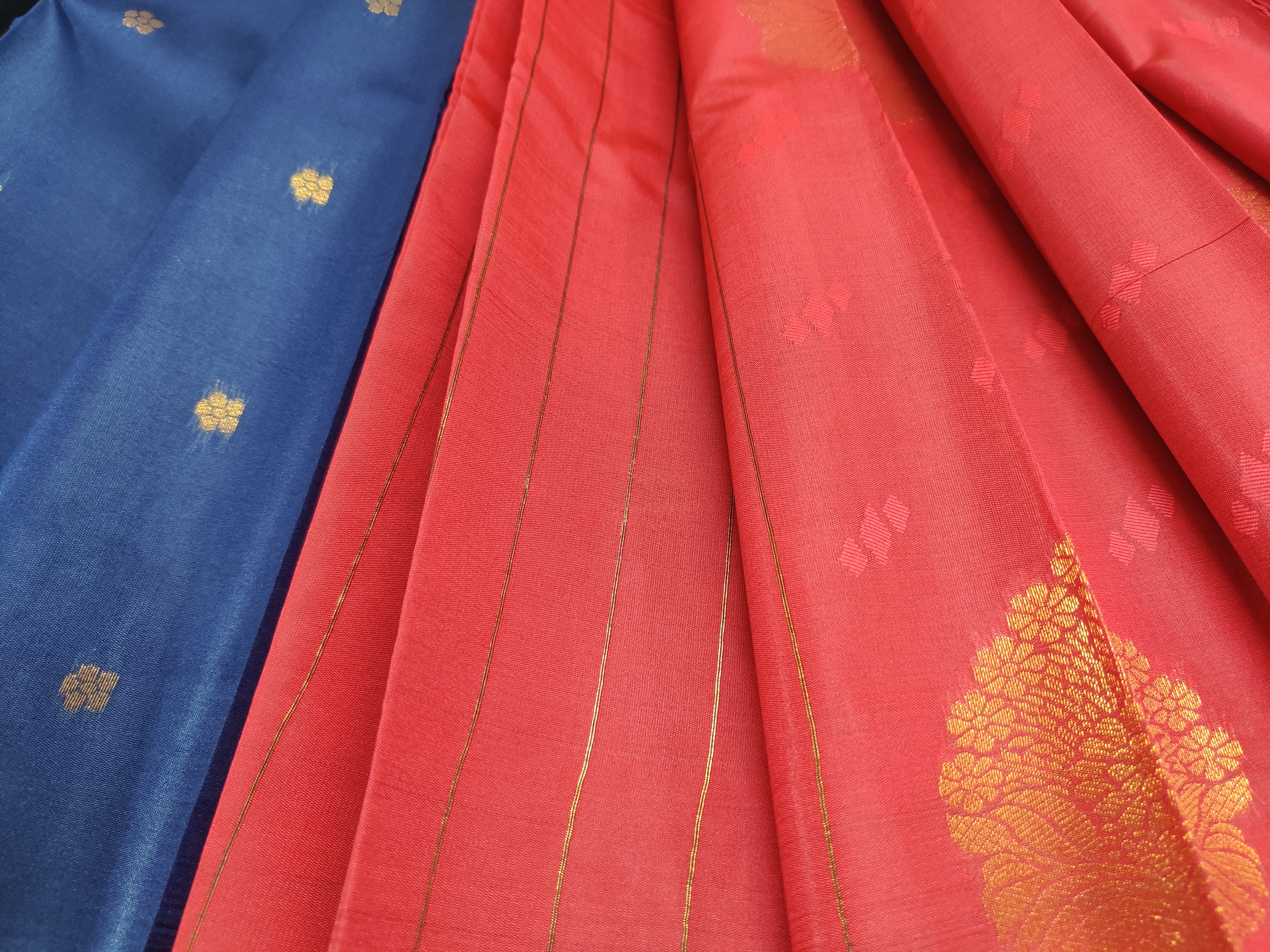 Red Semi Soft Silk Saree with Blue Copper Zari Pallu