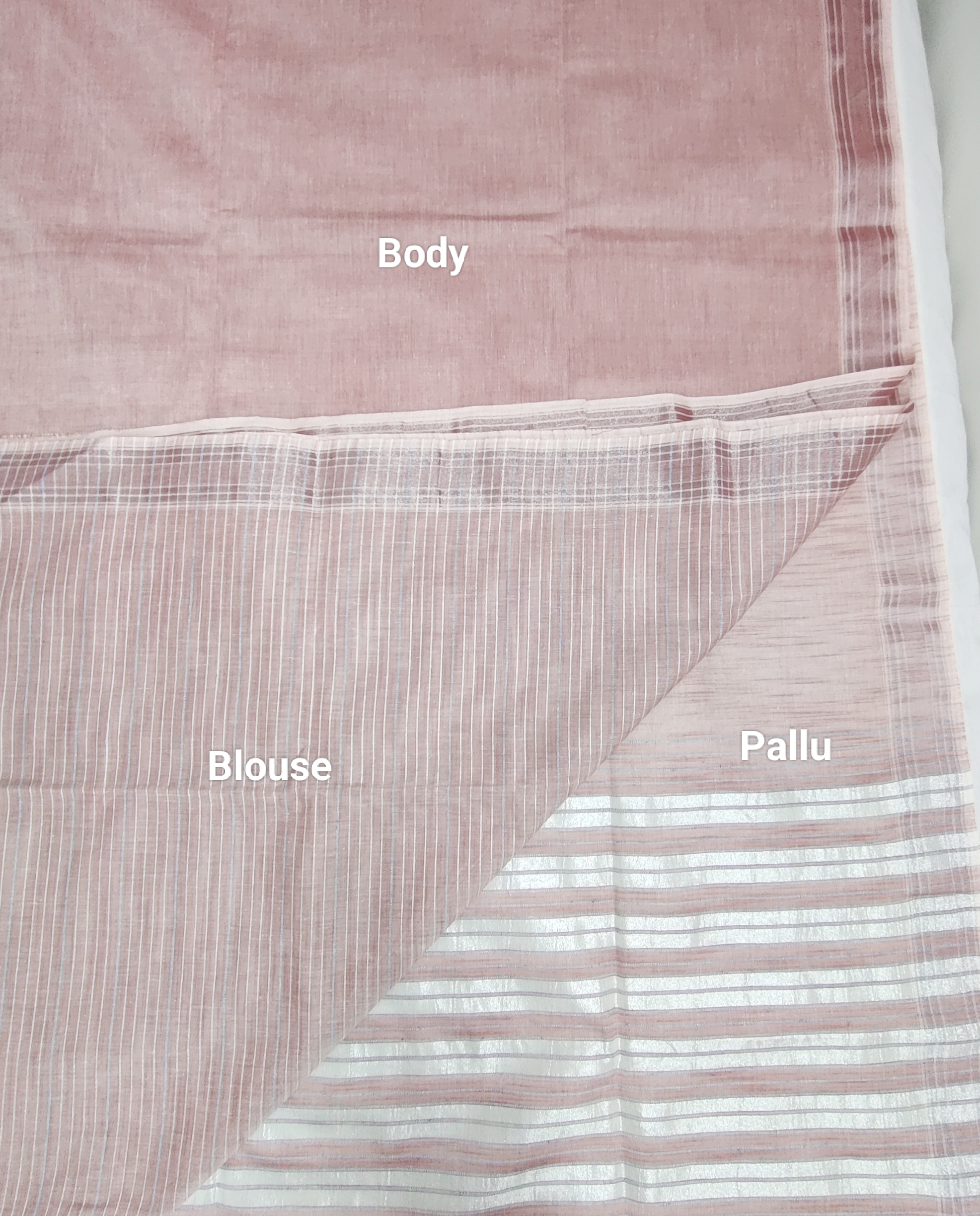 Elegant Blush Pink Jute Cotton Saree with Silver Striped Pallu & Matching Blouse
