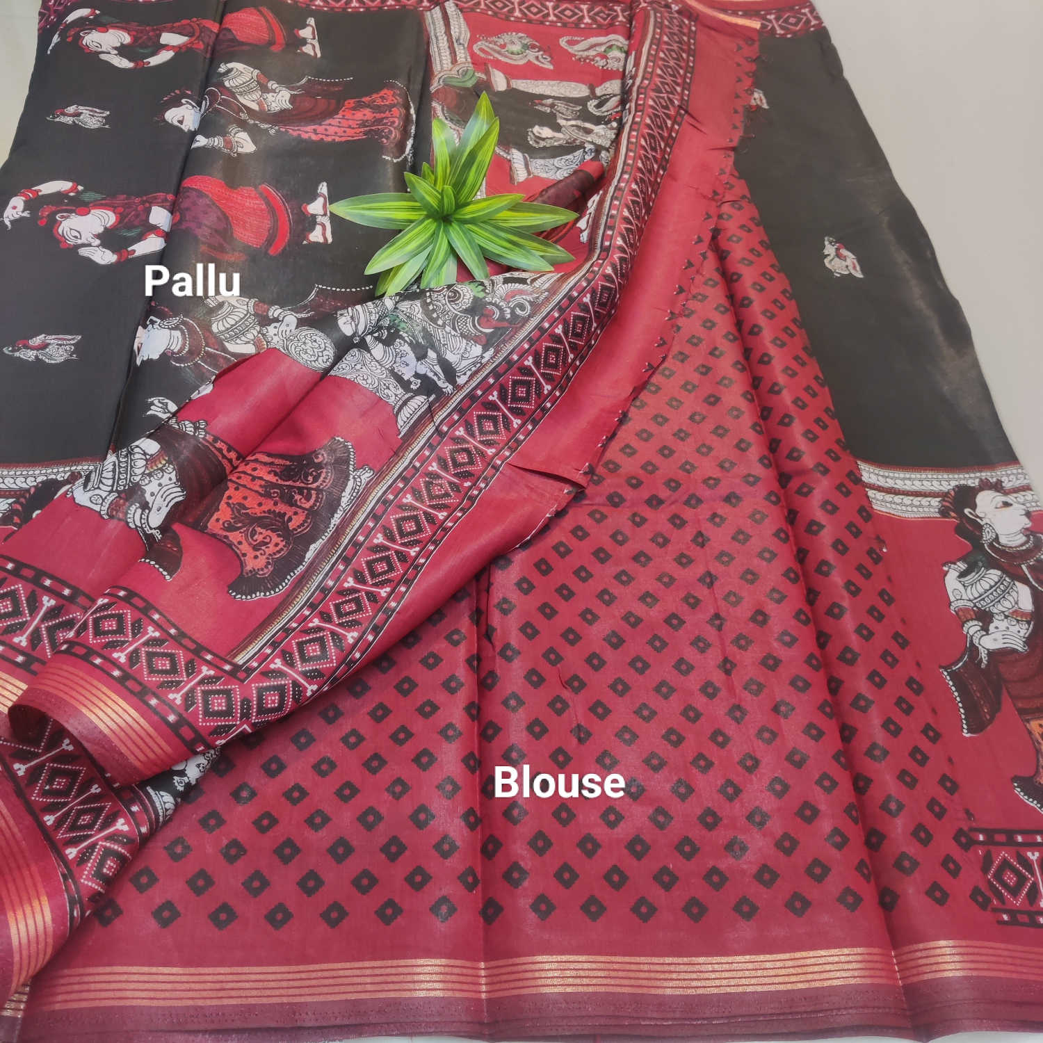 Kalamkari Muslin Silk Saree – Black & Maroon With Traditional Dancing Lady Pallu