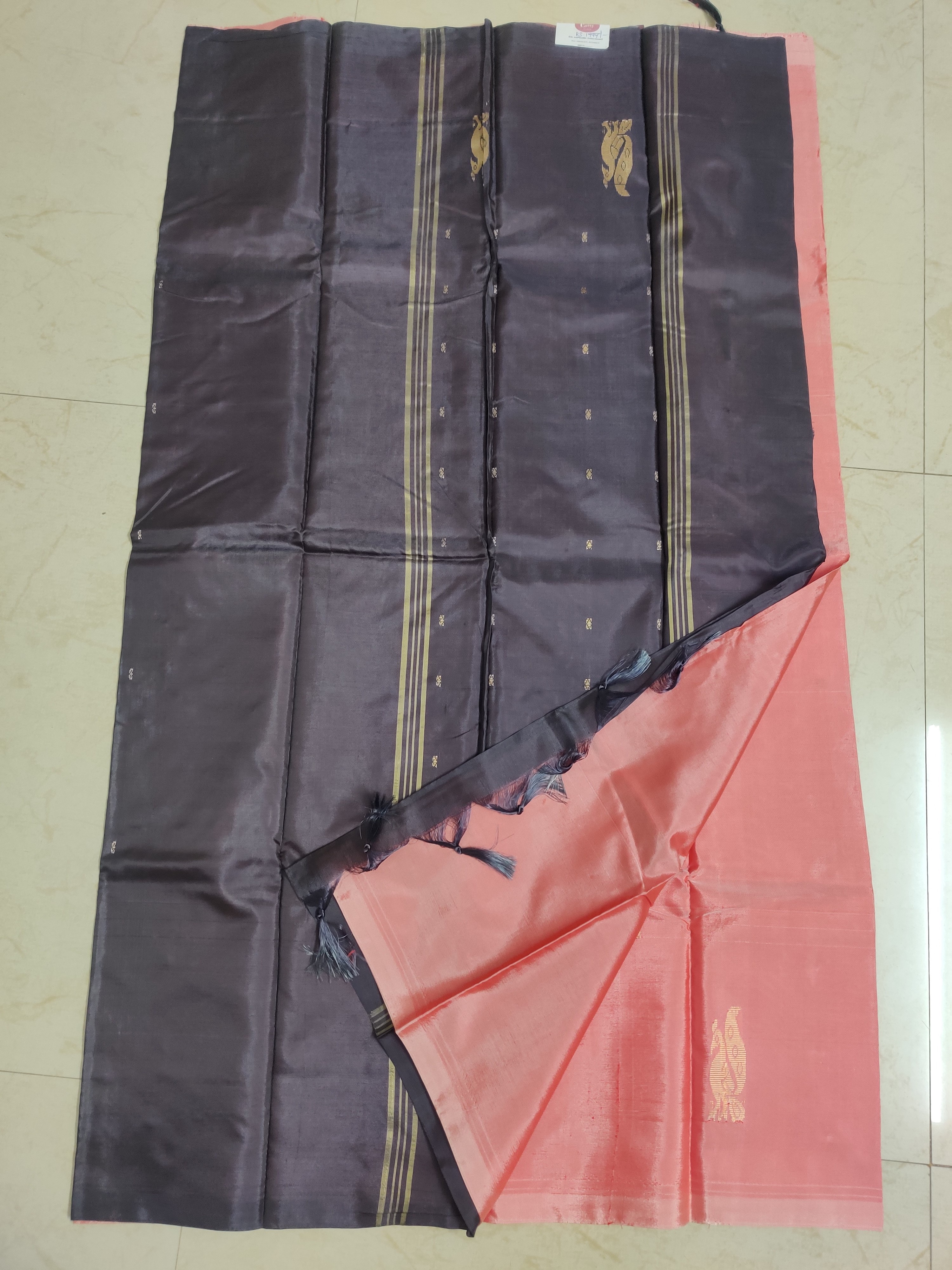 Banana Pith Saree (Vazhainar Saree) – Charcoal Grey Body with Yellow Temple Motif