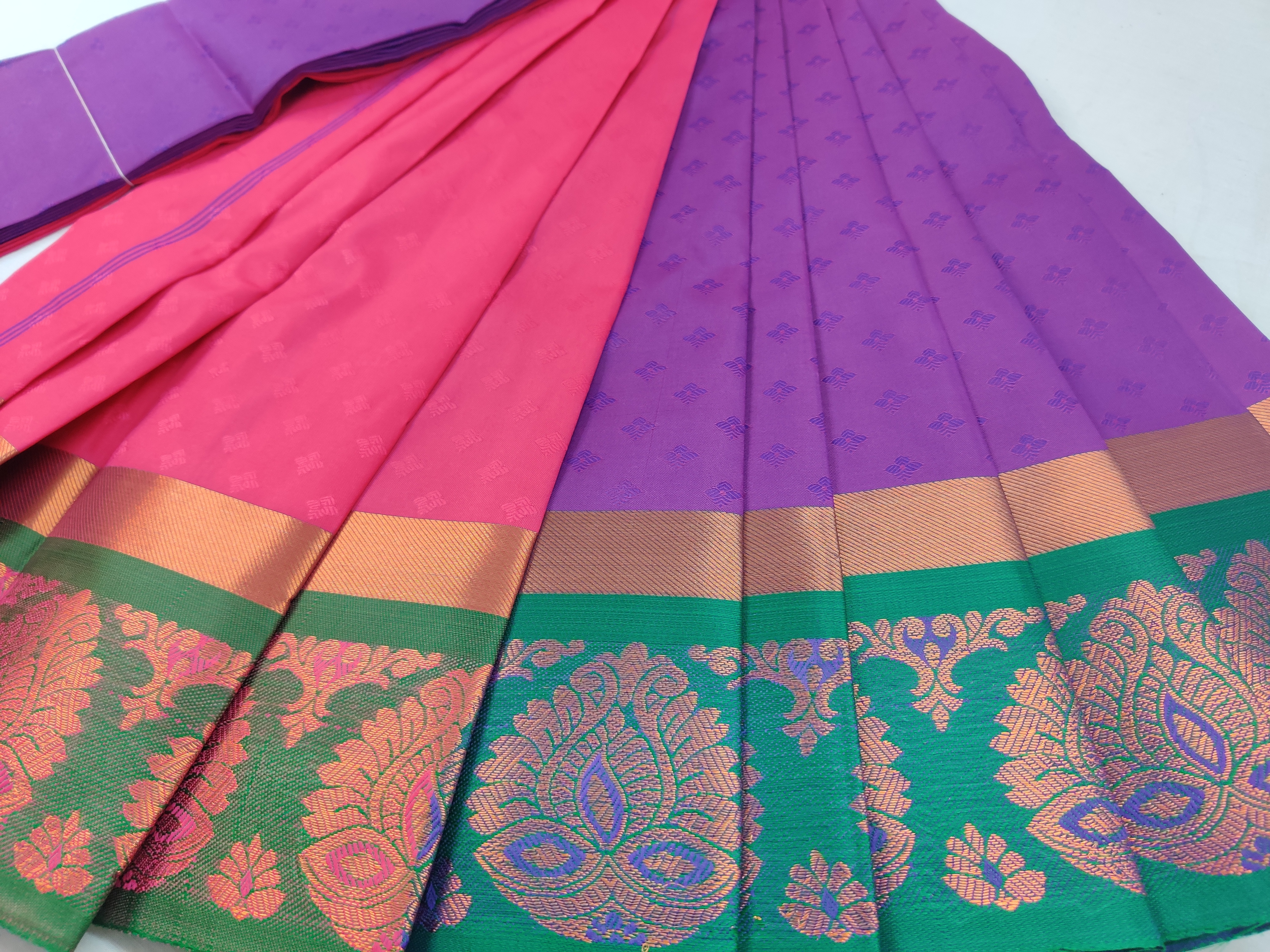Purple & Pink Semi Soft Silk Saree with Green Zari Border