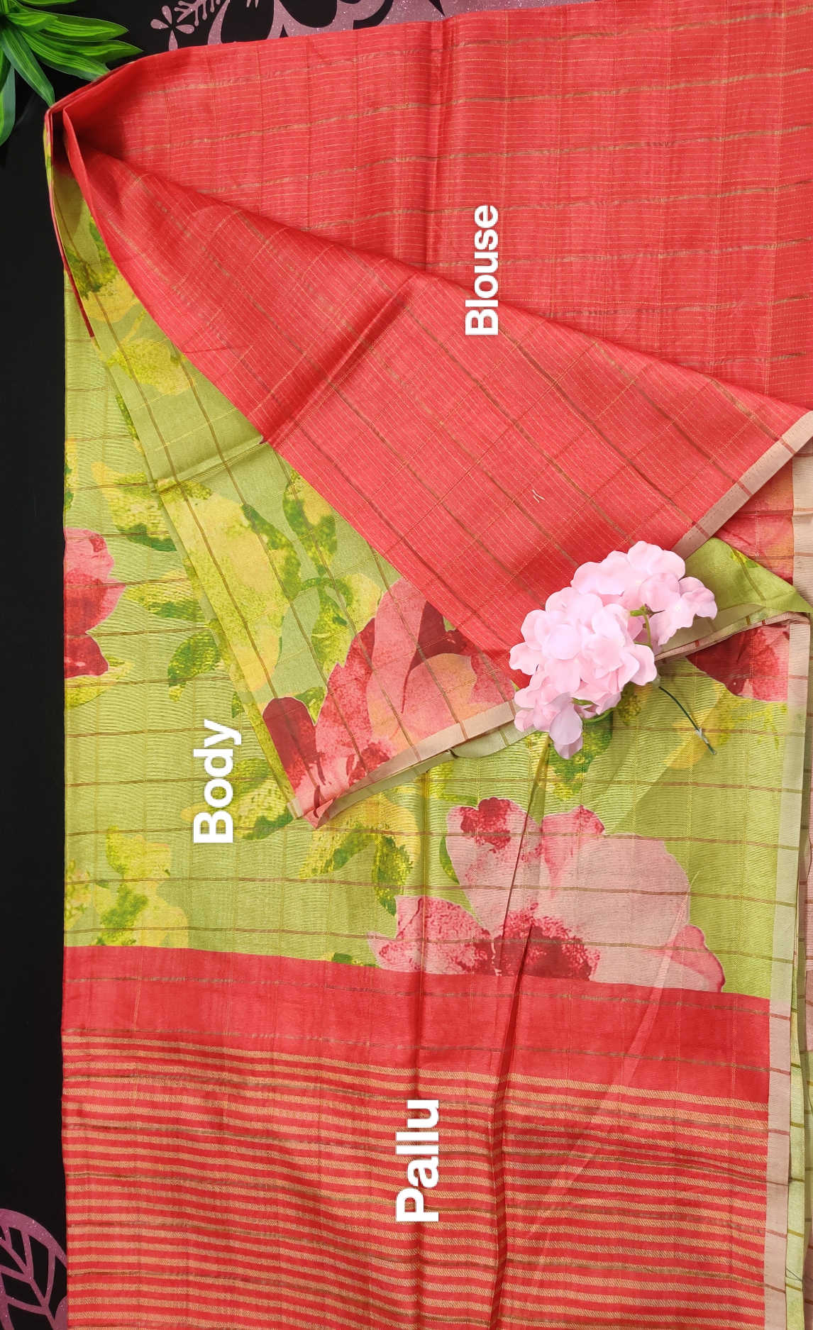 Daily Wear Fancy Saree – Olive Green Floral Printed Body with Coral Pink Striped Pallu