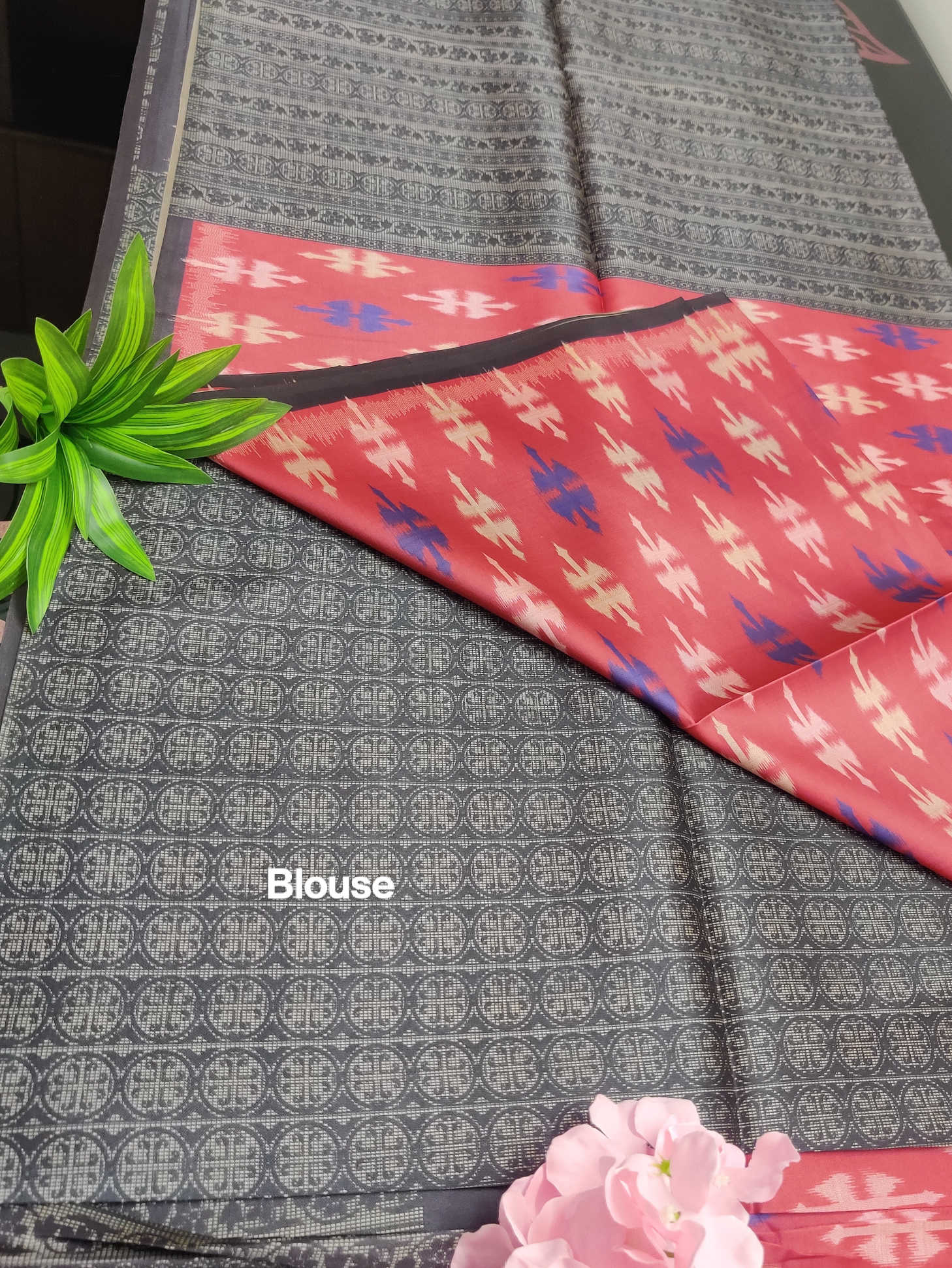 Pink Ikat Motif Semi Tassur Silk Saree with Dual-Tone Grey Woven Border & Matching Blouse