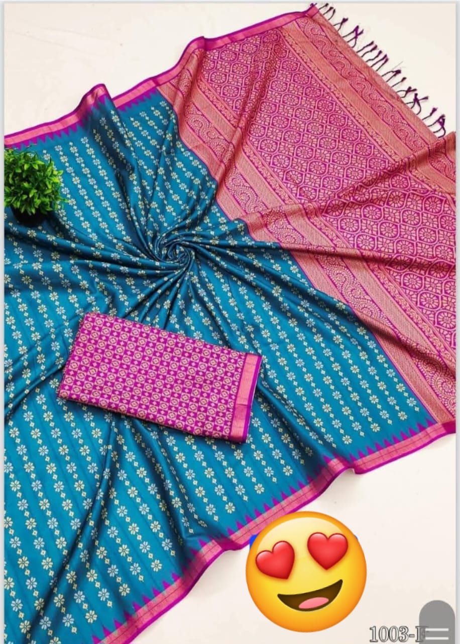 Semi Tassur Silk & Kalki Silk Saree – Teal Blue with Pink Zari Pallu | With Blouse