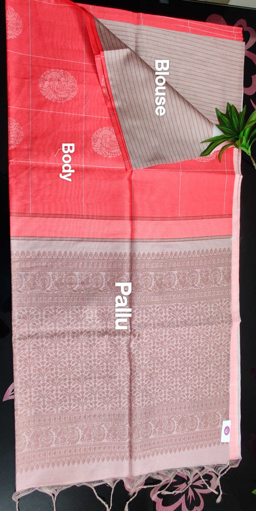 Bugara Semi Tussar Silk Saree – Coral Red Body with Silver Woven Butta & Elegant Beige Floral Pallu