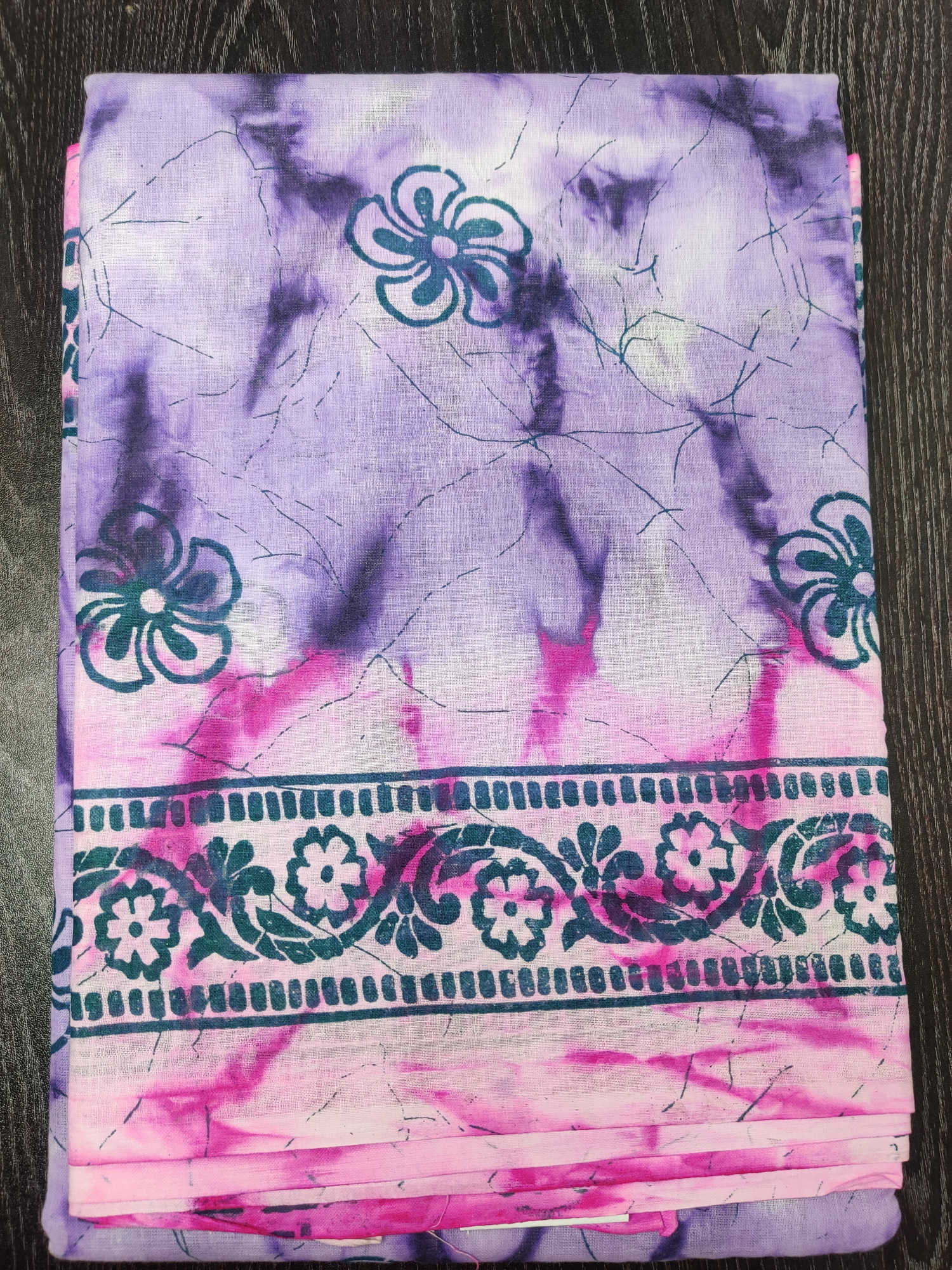 Pure Cotton Floral Border Saree – Lavender & Pink Tie-Dye Design