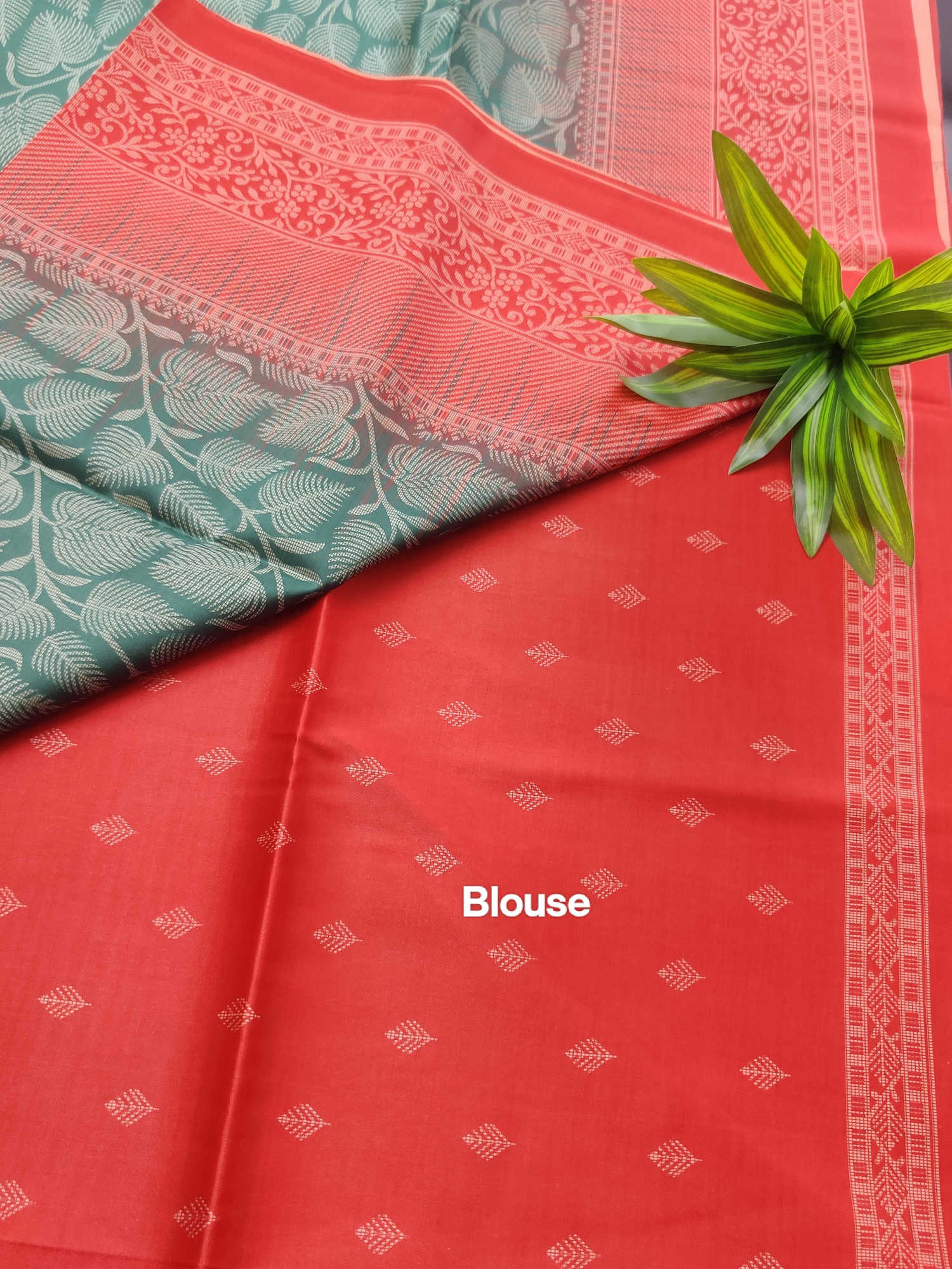 Green Leaf-Weave Semi Tassur Silk Saree with Contrast Coral Border & Matching Blouse