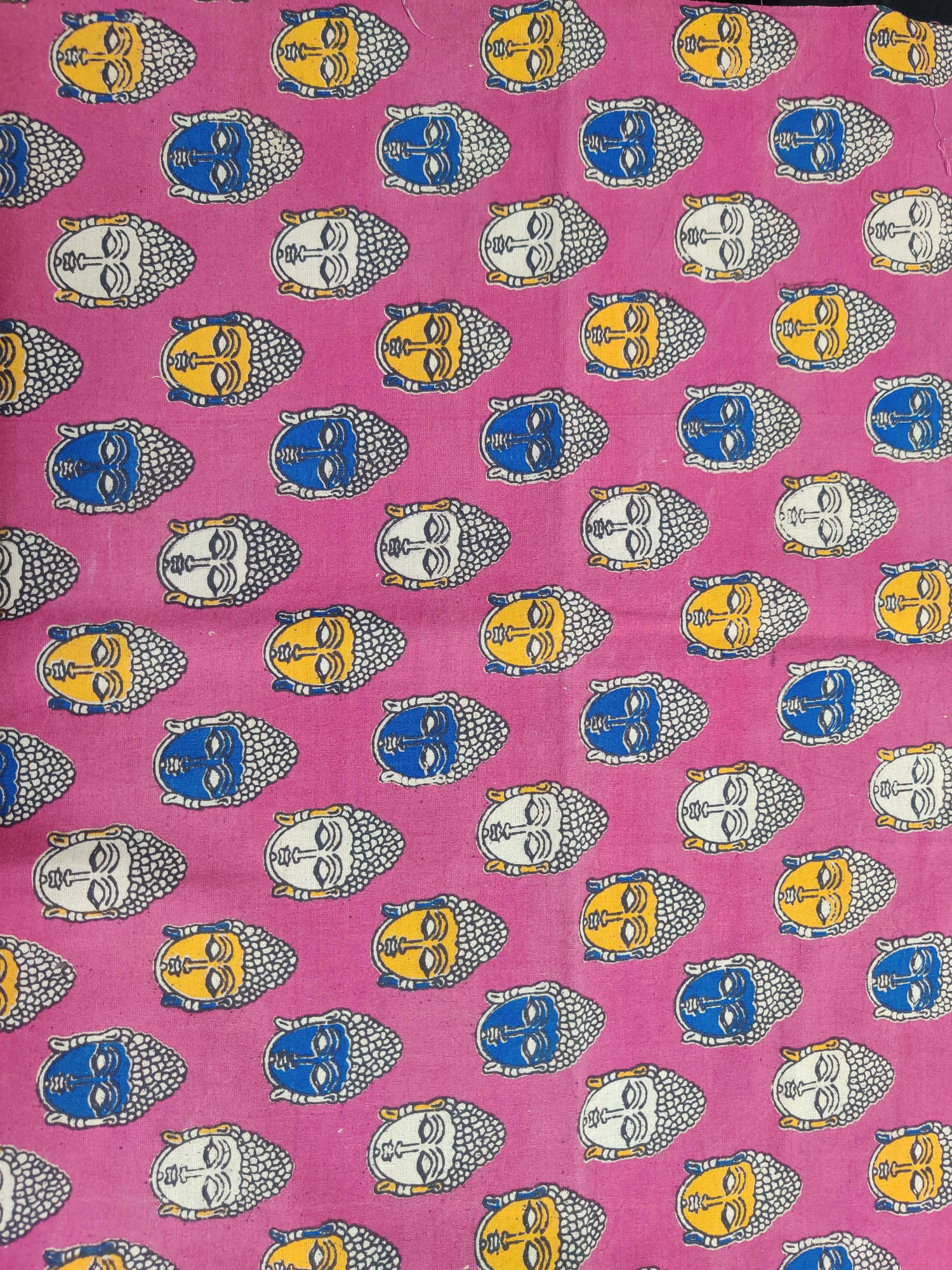 Kalamkari Blouse Fabric – Pink Base with Multicolour Buddha Face Motifs
