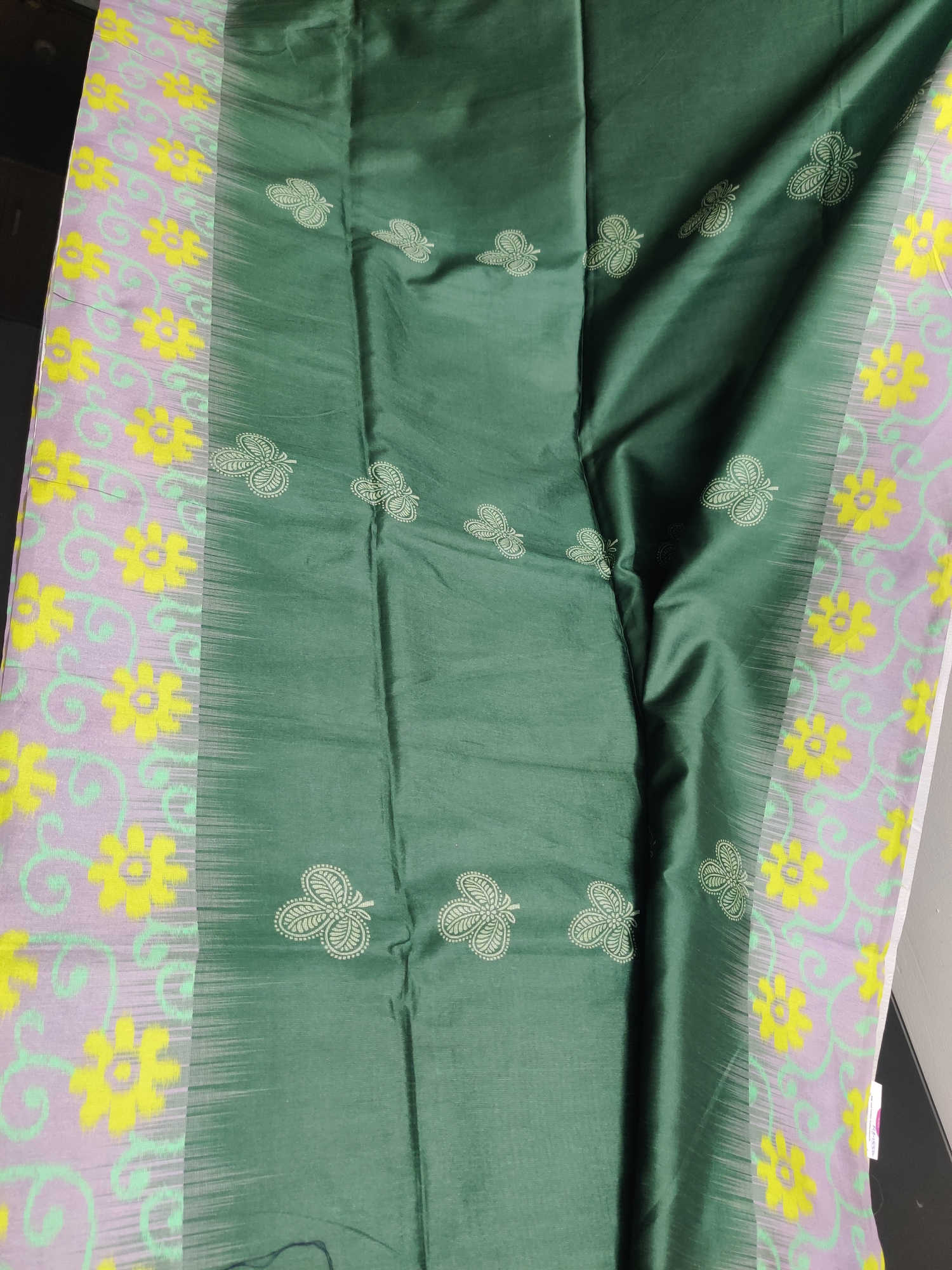 Daily Wear Fancy Saree – Teal Green Body with Brown Leaf Border & Subtle Bird Motifs