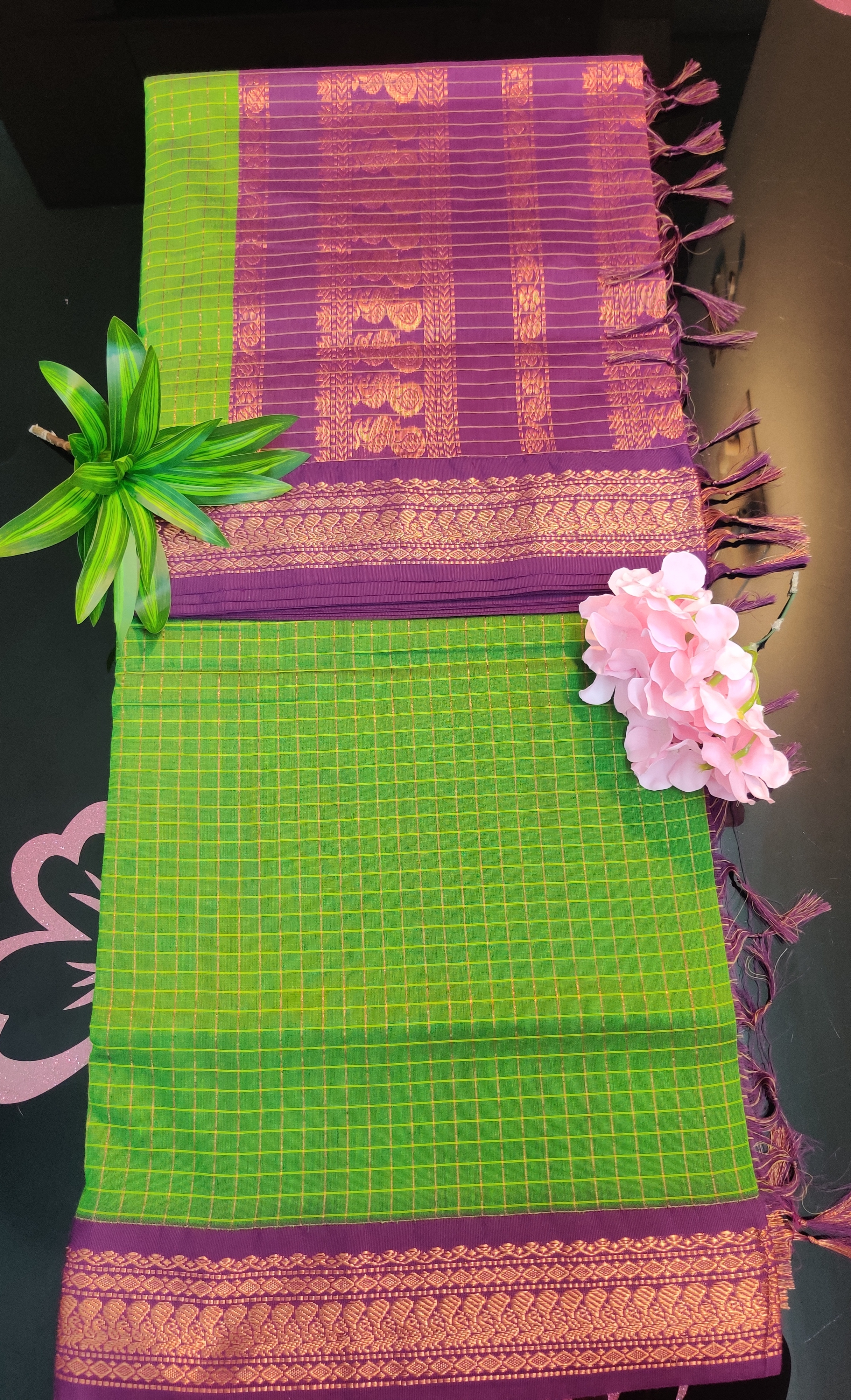 Gadwal Cotton Saree – Emerald Green Checks with Royal Purple Zari Border & Contrast Pallu