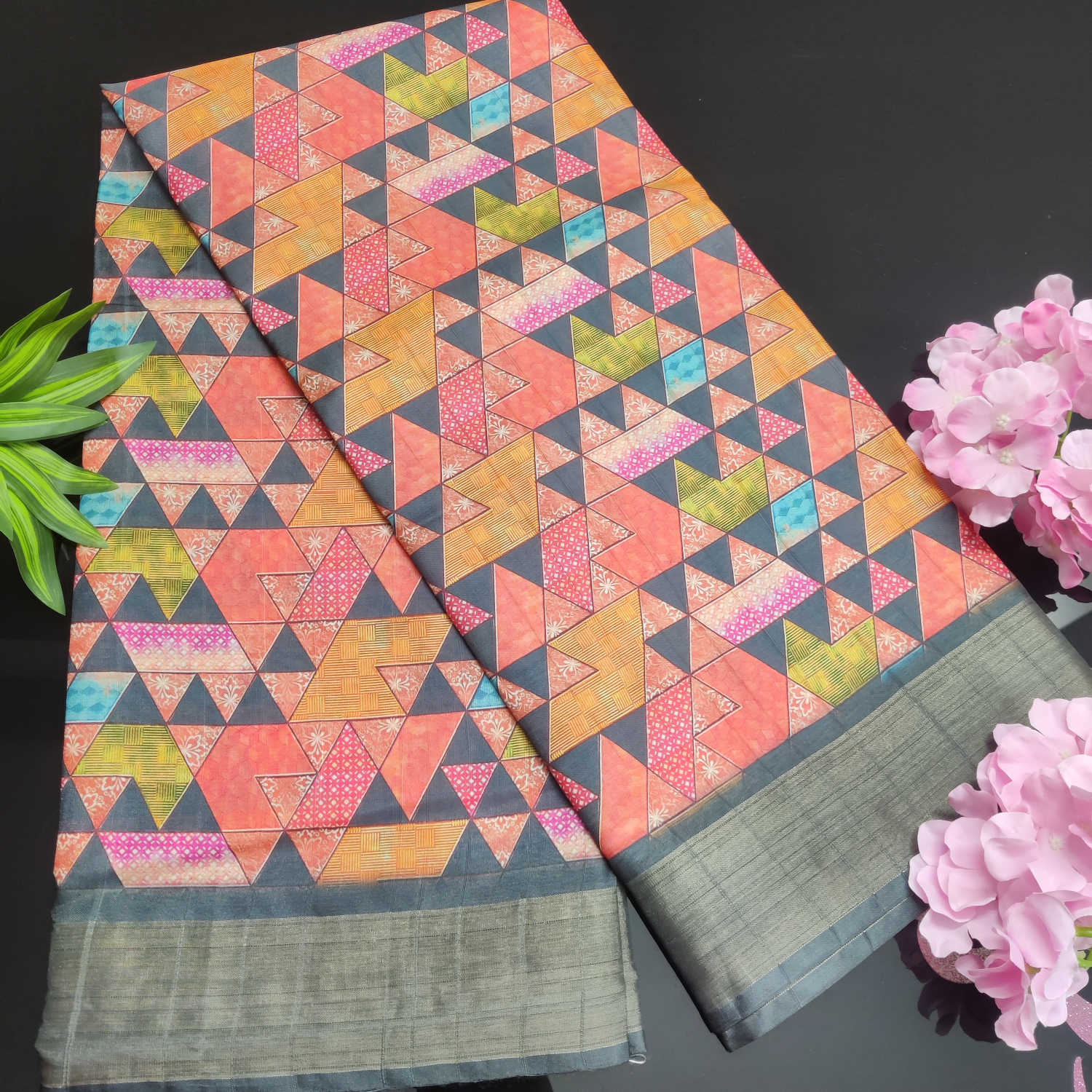 Kundali Dola / Tassar Silk Saree – Multicolor Geometric Pattern with Grey Border