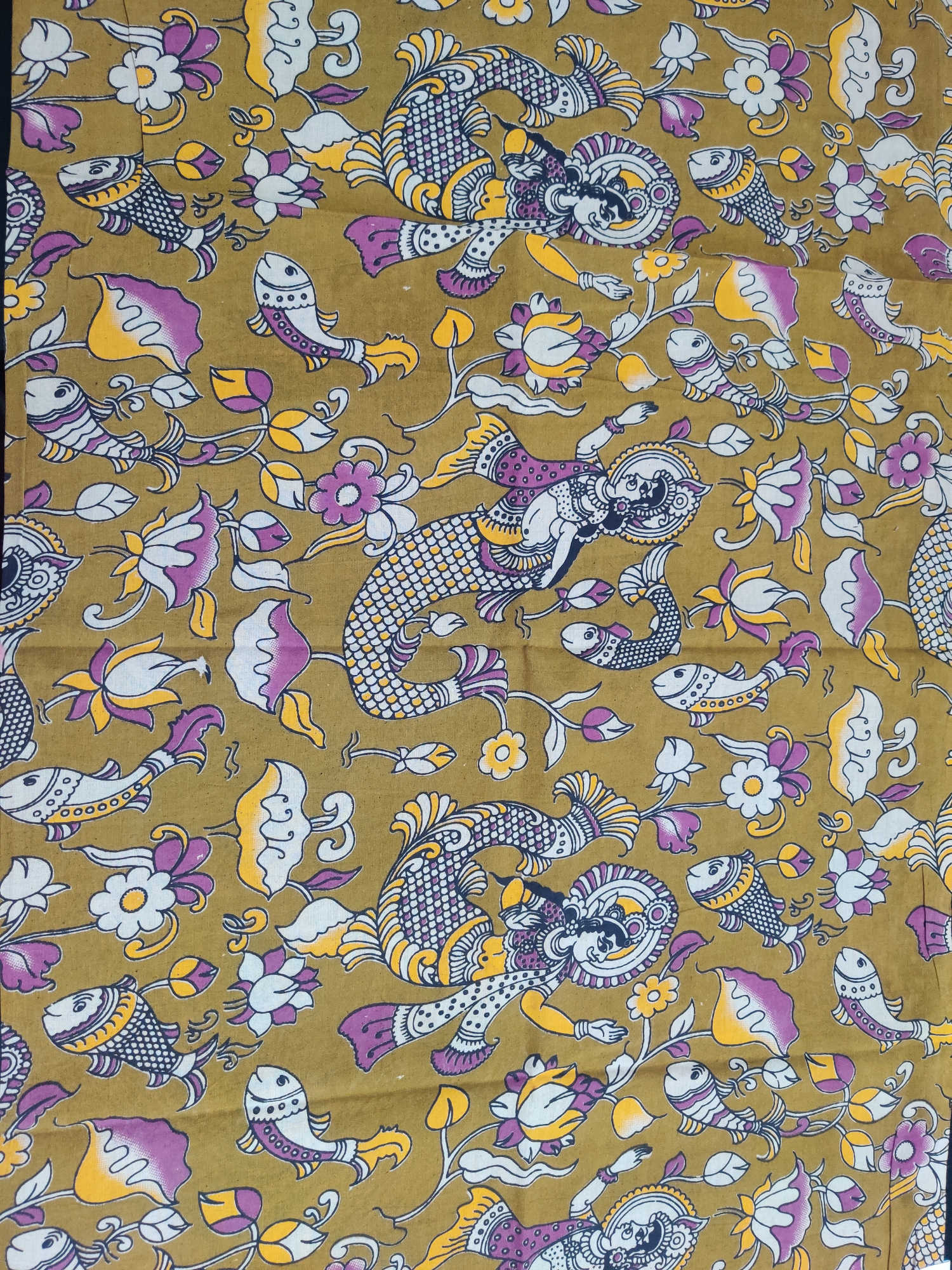 Indicotts Plaza Pure Cotton Kalamkari Blouse Fabric – Mustard Yellow Base with Mermaid, Fish & Floral Motifs
