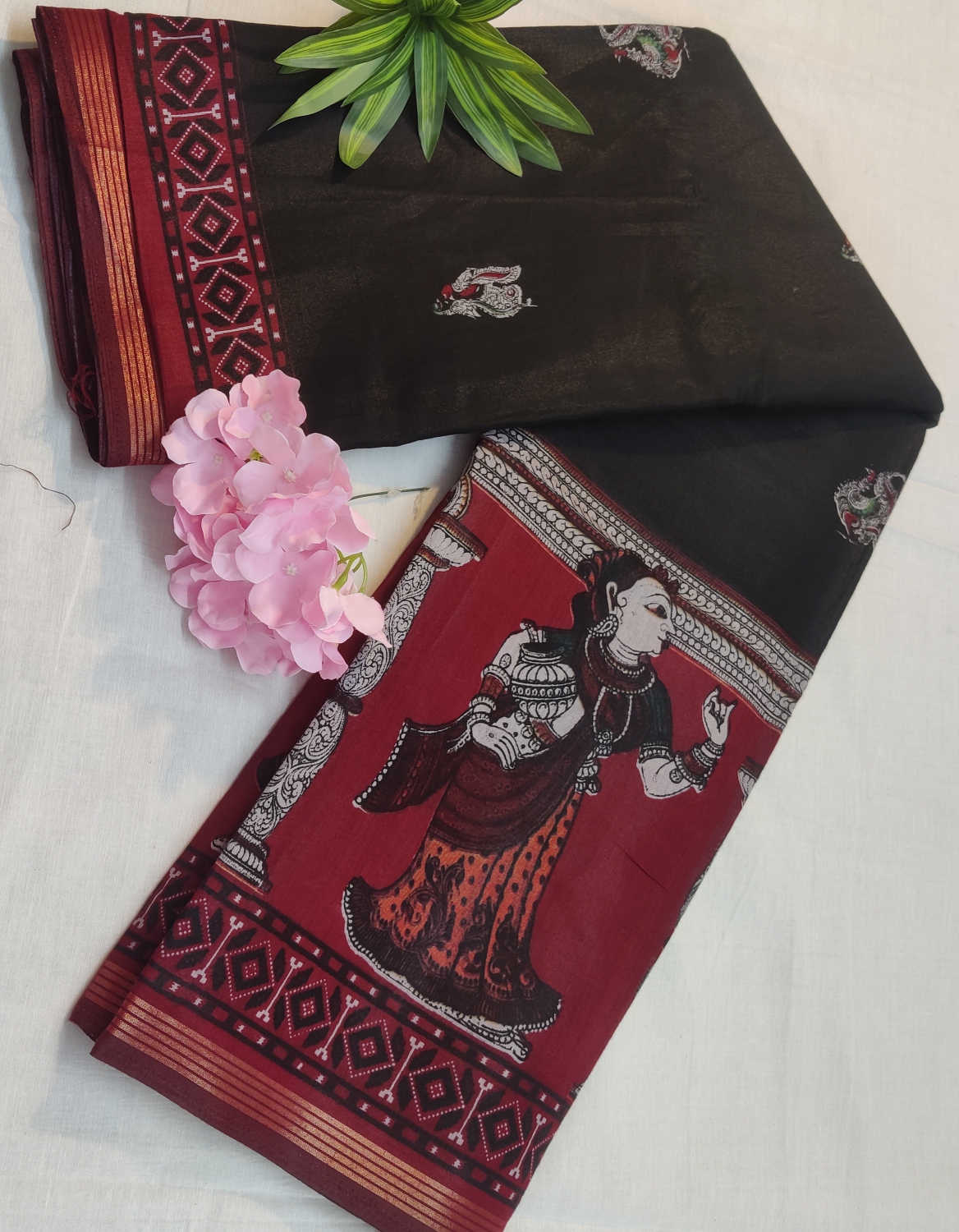 Kalamkari Muslin Silk Saree – Black & Maroon With Traditional Dancing Lady Pallu