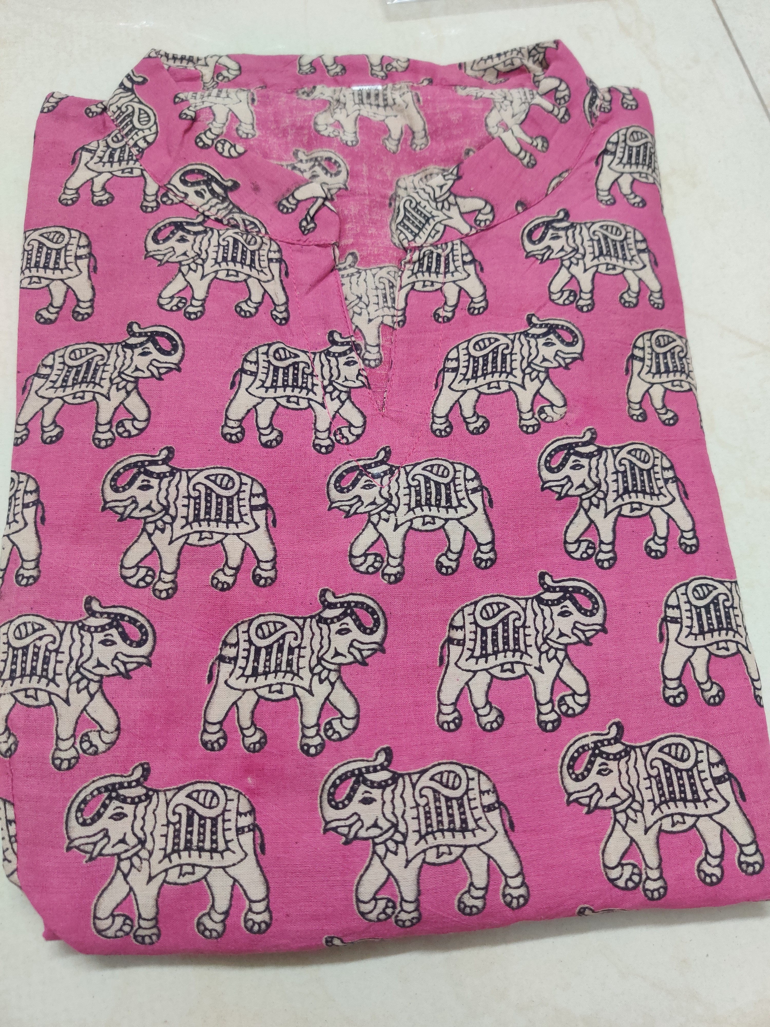 Kalamkari Cotton Maxi Dress – Elegant Rose Pink Elephant Motif Printed Ankle-Length Dress