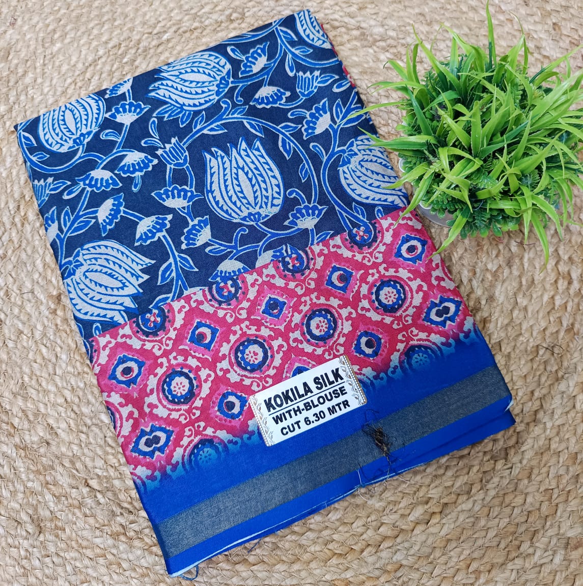 Kokila Silk Printed Saree – Blue Floral Body with Pink Ajrakh Border | With Blouse
