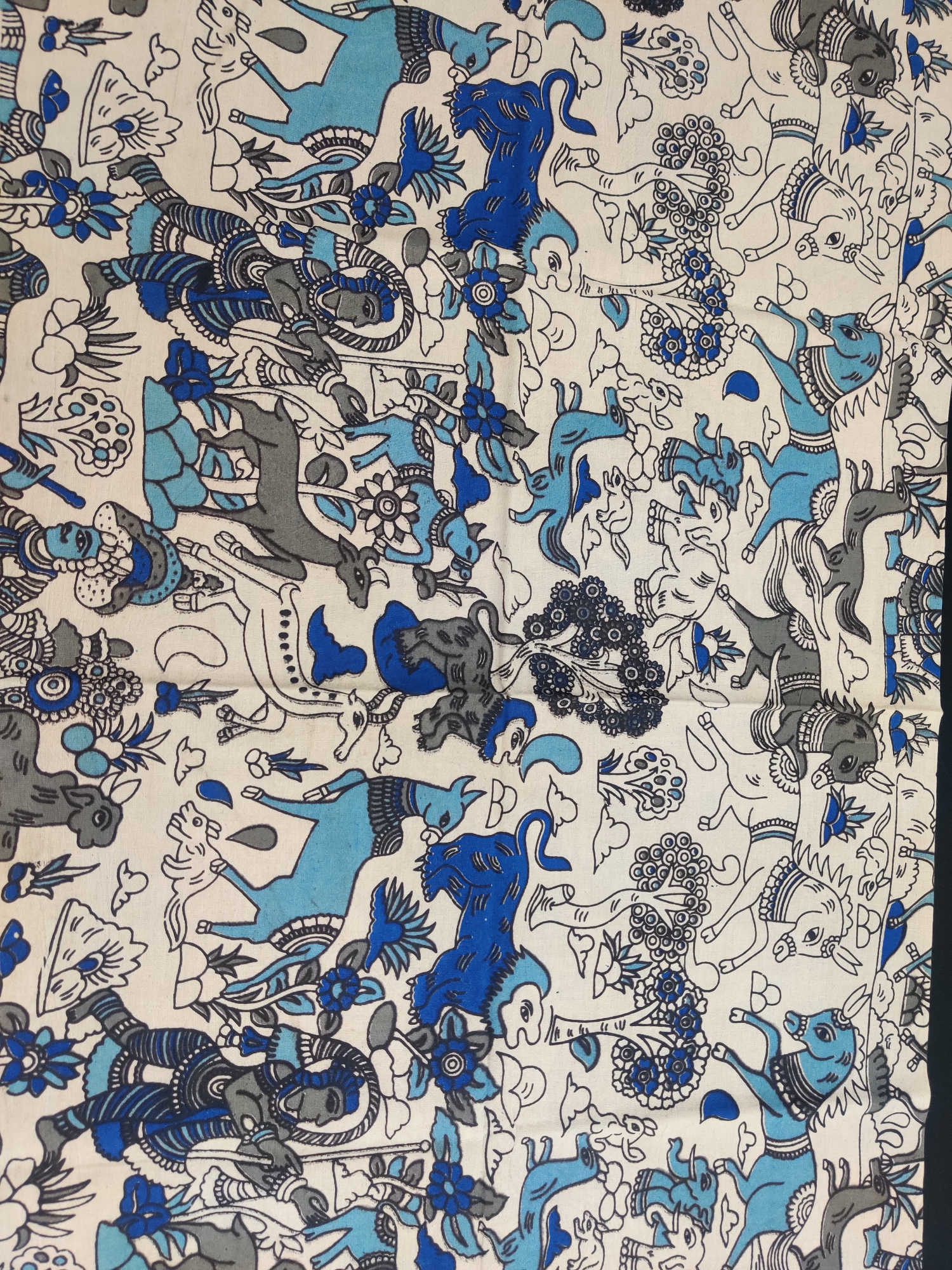 Kalamkari Blouse Fabric – Off-White Base with Blue & Grey Mythical Animal Motifs